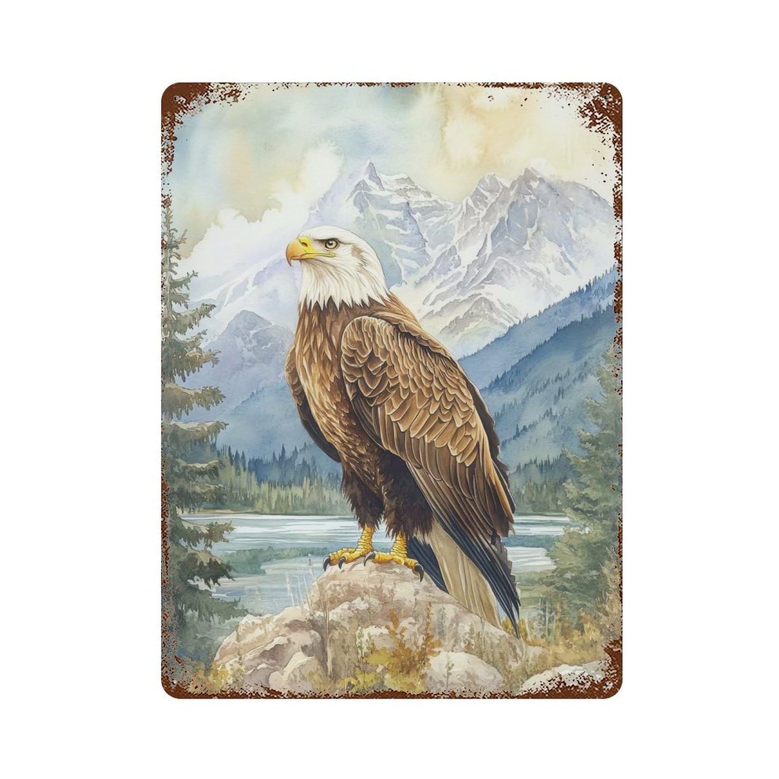 Distressed Metal Wall Sign with Bald Eagle Mountain View Design 15.7"x11.8", for Living Room, Hallway And Home Decor, Vintage Wall Decor