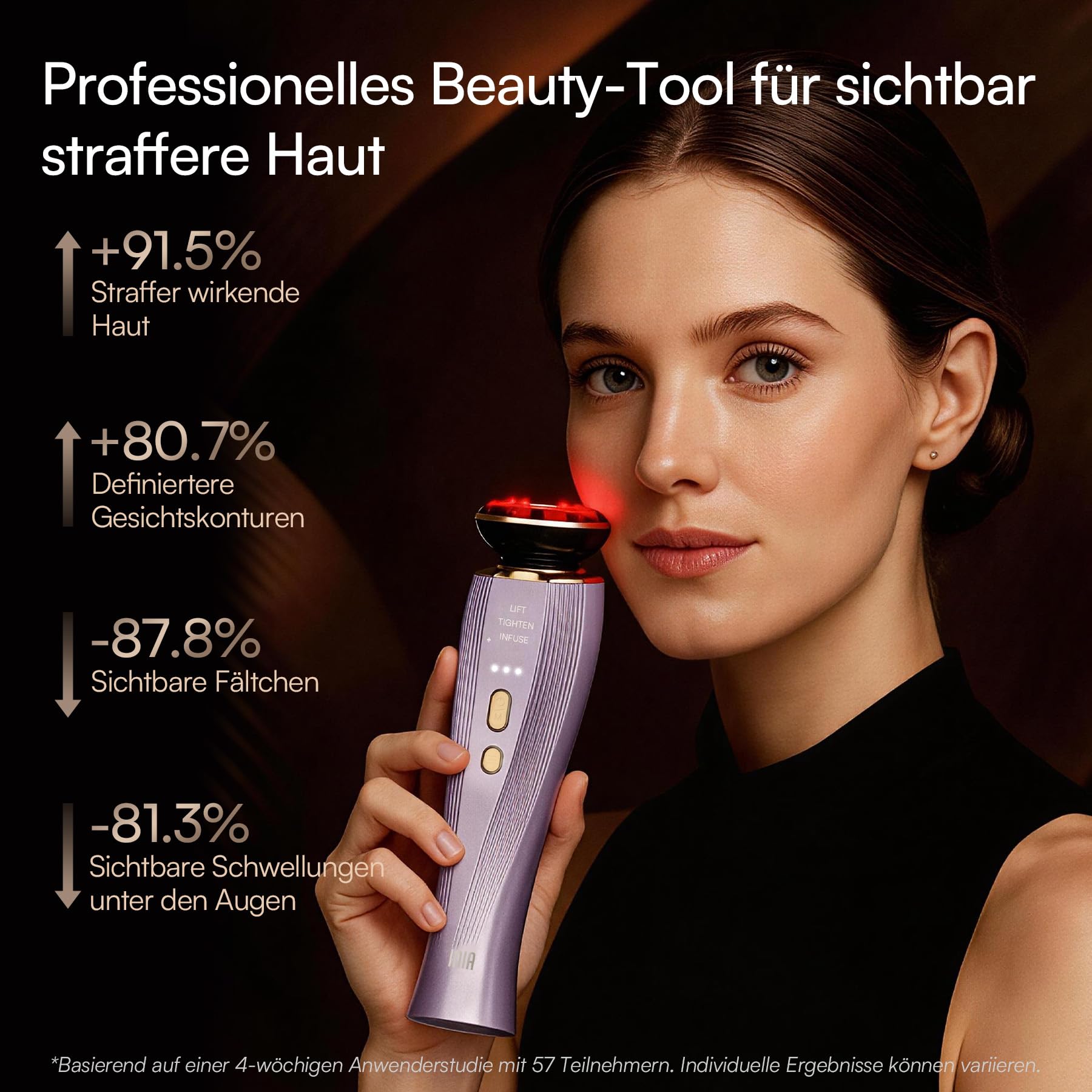 INIA FLARE Professionelles Mikrostrom Gesichtsmassagegerät mit Rotlicht | 3-in-1 für Gesicht & Hals mit Wärmefunktion, hilft Schwellungen und Falten sichtbar zu reduzieren