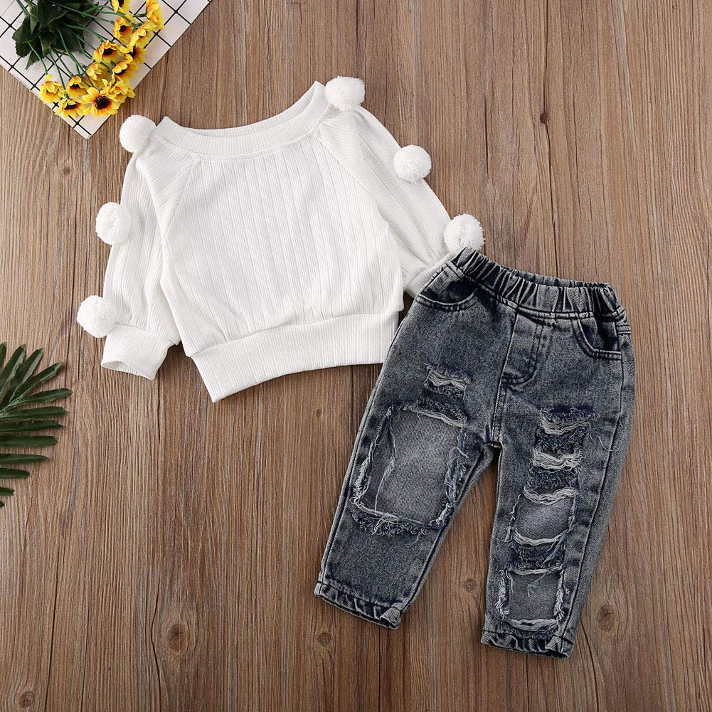 Newborn Toddler Baby Girl Solid White Loose Knitted Sweater Ripped Jeans Denim Pants Set 2Pcs Clothes Outfit (White,3-4T)