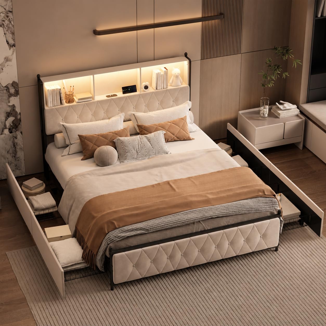 Łóżko tapicerowane 180 x 200 cm, podwójne łóżko z diodami LED i USB, łóżko młodzieżowe z zagłówkiem do przechowywania, z 4 szufladami, rama łóżka ze stelażem, aksamit (beżowe, 180 x 200 cm)