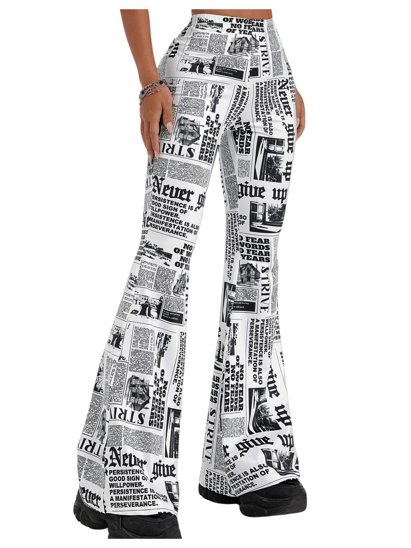 WDIRARA Womens Newspaper Print Flare Wide Leg Elastic Waist Fitted Funky Letter Print Pants
