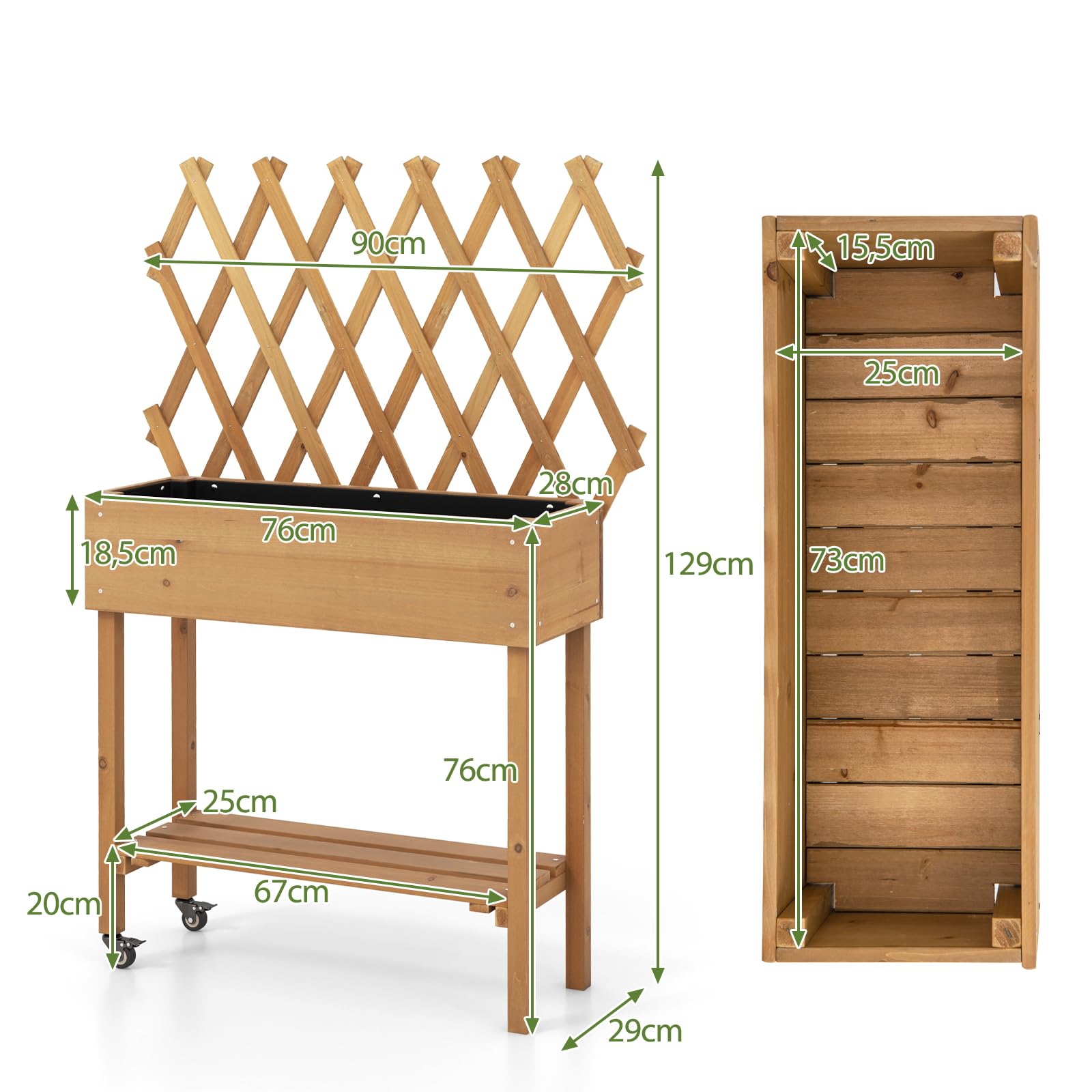 GOPLUS Huerto Urbano con Enrejado y Estante | Jardinera Elevada con Ruedas, Orificios de Drenaje, Macetero Exterior para Patio Jardín Balcón, 90 x 29 x 129 cm