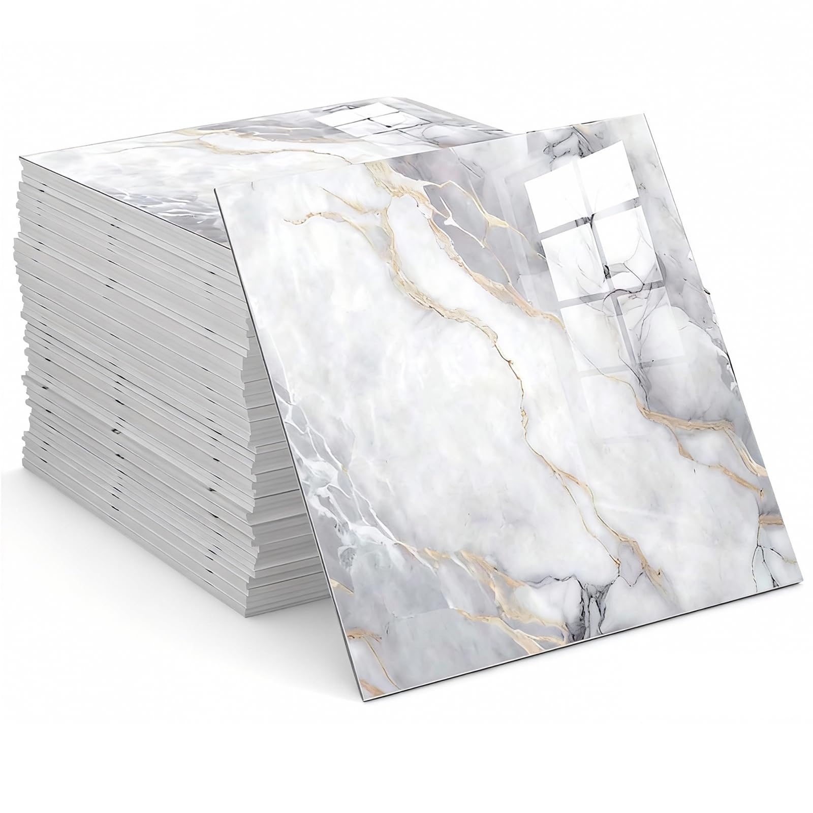 12PCS Self Adhesive Floor Tile, 30x30cm Marble Tiles Stickers, Waterproof Stick on Wall Marble Tile, PVC Peel and Stick Wall Panels for Decorative Kitchen, Bathroom, Living Room, Art DIY (White)