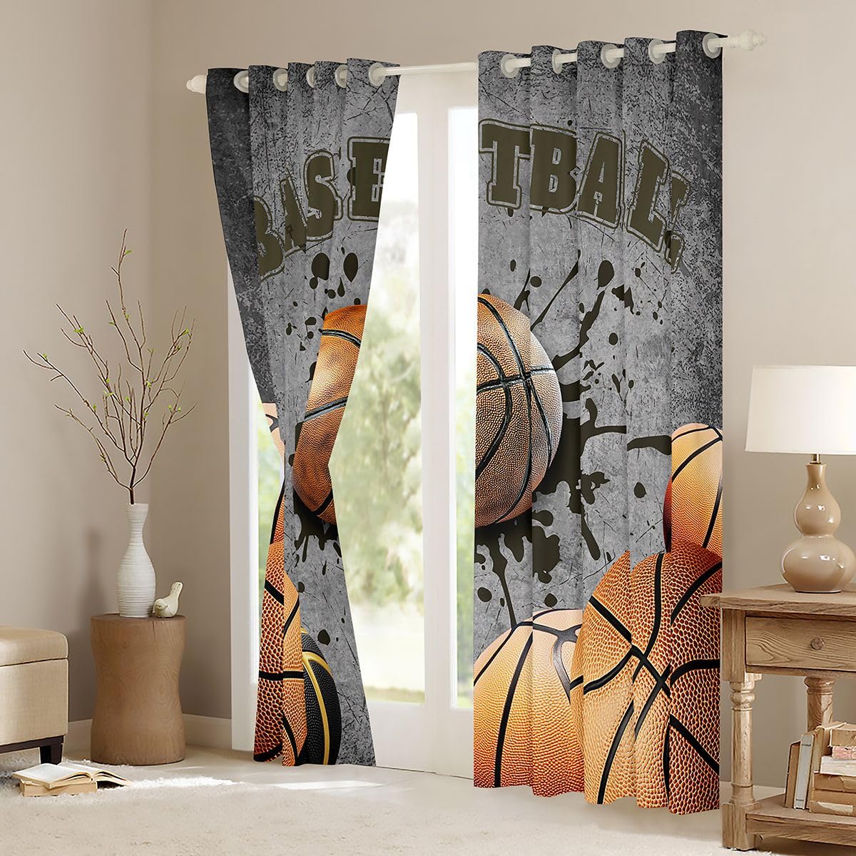 Homewish Sport Curtain Basketball Fenstervorhang 137x117(HxB) Jungen 3D Baseball Ledermuster Blickdichte Vorhänge Schlafzimmer Coole Ballspiele Tintendruck 2 Paneele Gardienen