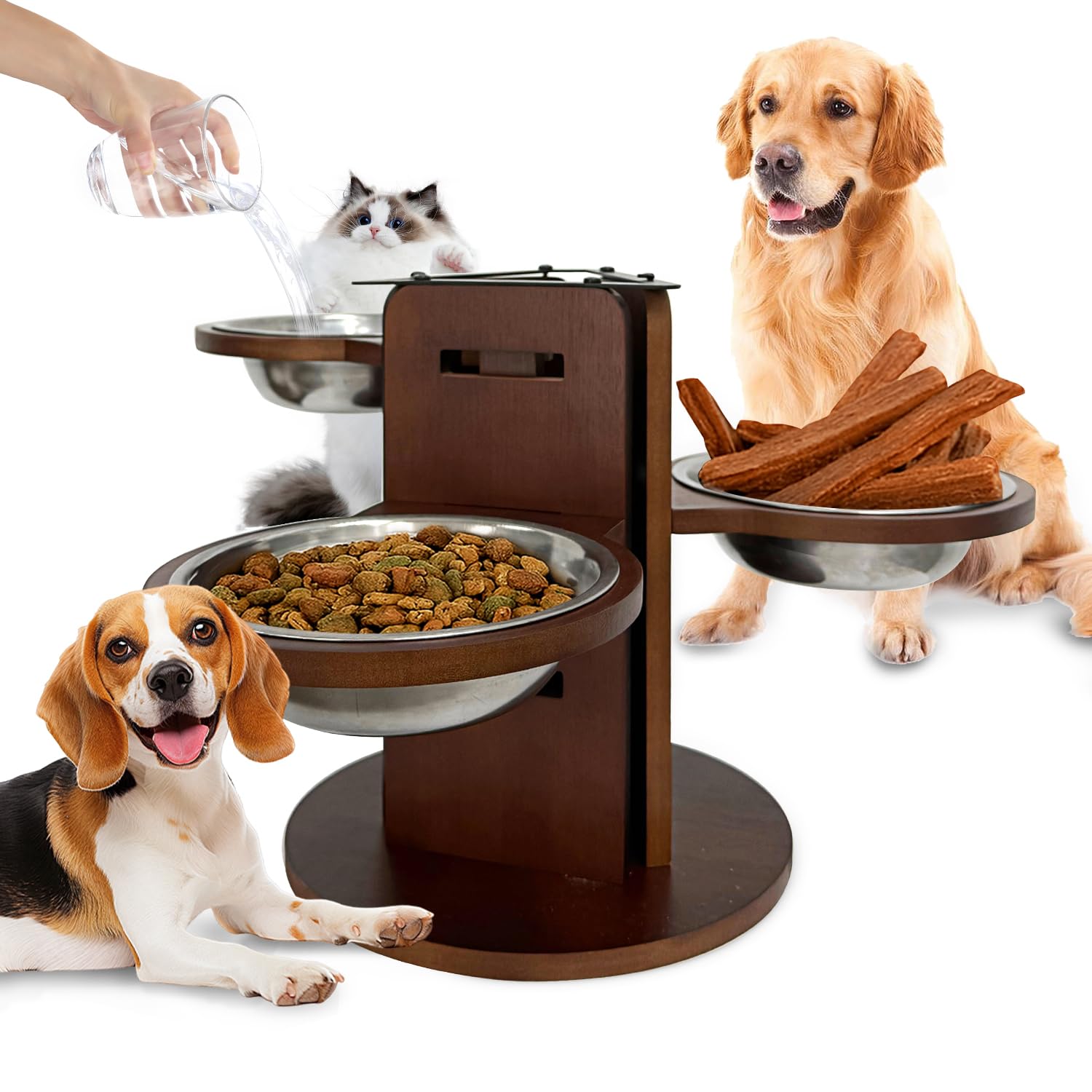 Lot de 3 Gamelles Surélevées pour Chien, Réglables sur 3 Niveaux (9,2-23,5 cm), Support en Bambou sur 3 Côtés, 3 Gamelles en Acier INOX de 650 ML, Fond Antidérapant de 25 cm, pour Plupart des Chiens