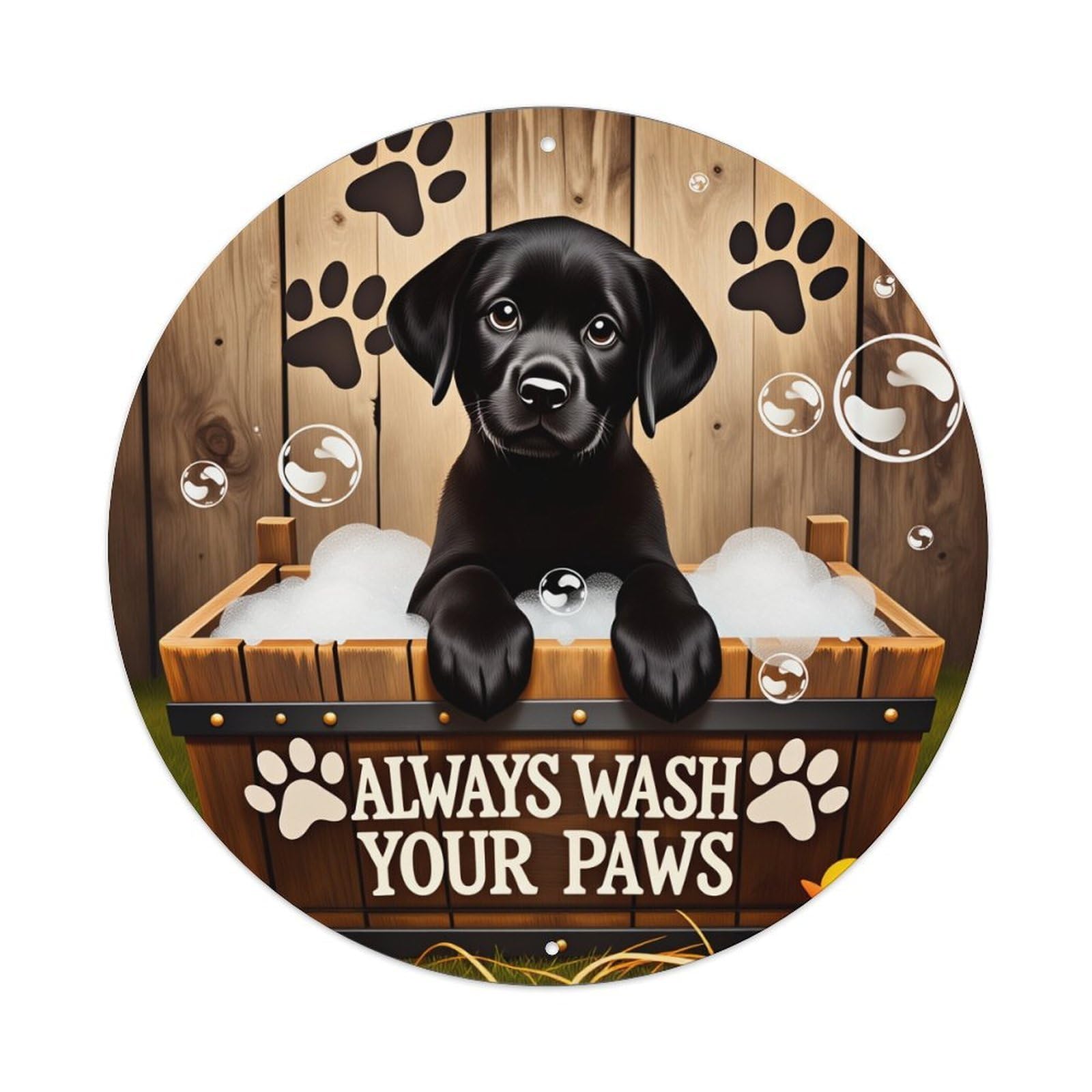 Black Puppy In Wooden Style Tub With Bubbles Round Tin Sign Vintage Style Metal Sign Home Bar Garden Wall Plaque Decor Metal Poster 8x8 Inch