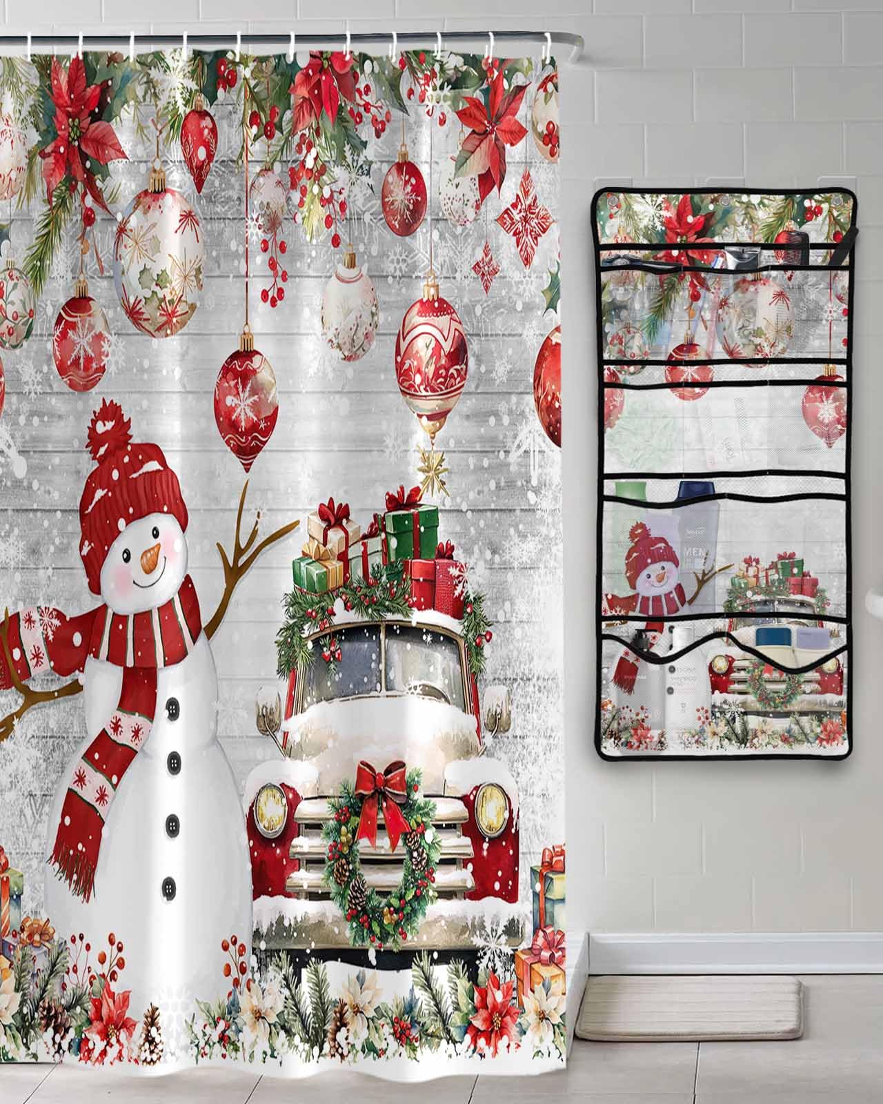 Decorative Shower Curtain Sets Christmas Red Snowman Fabric Shower Curtains Snowflake Winter Xmas Balls Wooden Grain Grey Mesh
