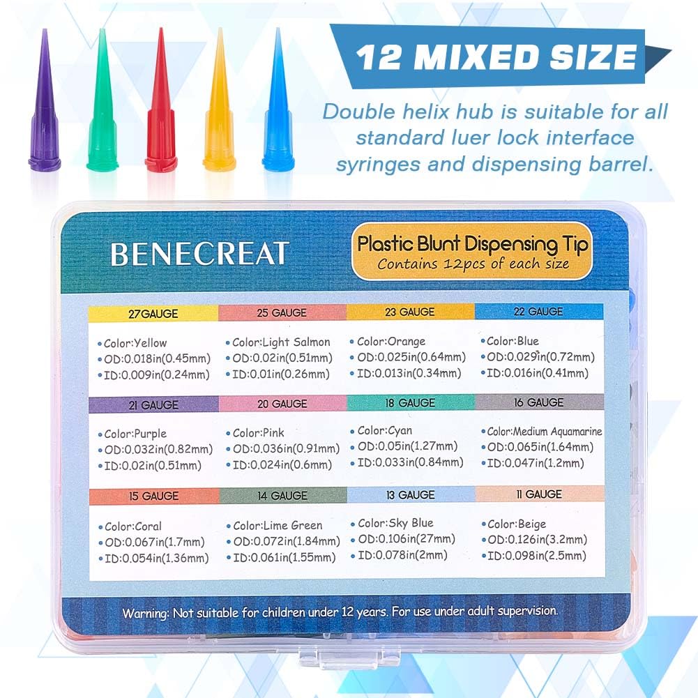 BENECREAT 120Pcs Blunt Plastic Tapered Tip Plastic Dispensing Needle Tips with 12 Mixed Size for Refilling Glue Fluid Precisely (12GA/13GA/14GA/ 15GA/16GA/18GA/ 20GA/21GA/22GA/ 23GA/25GA/27GA) — Amazon image 4