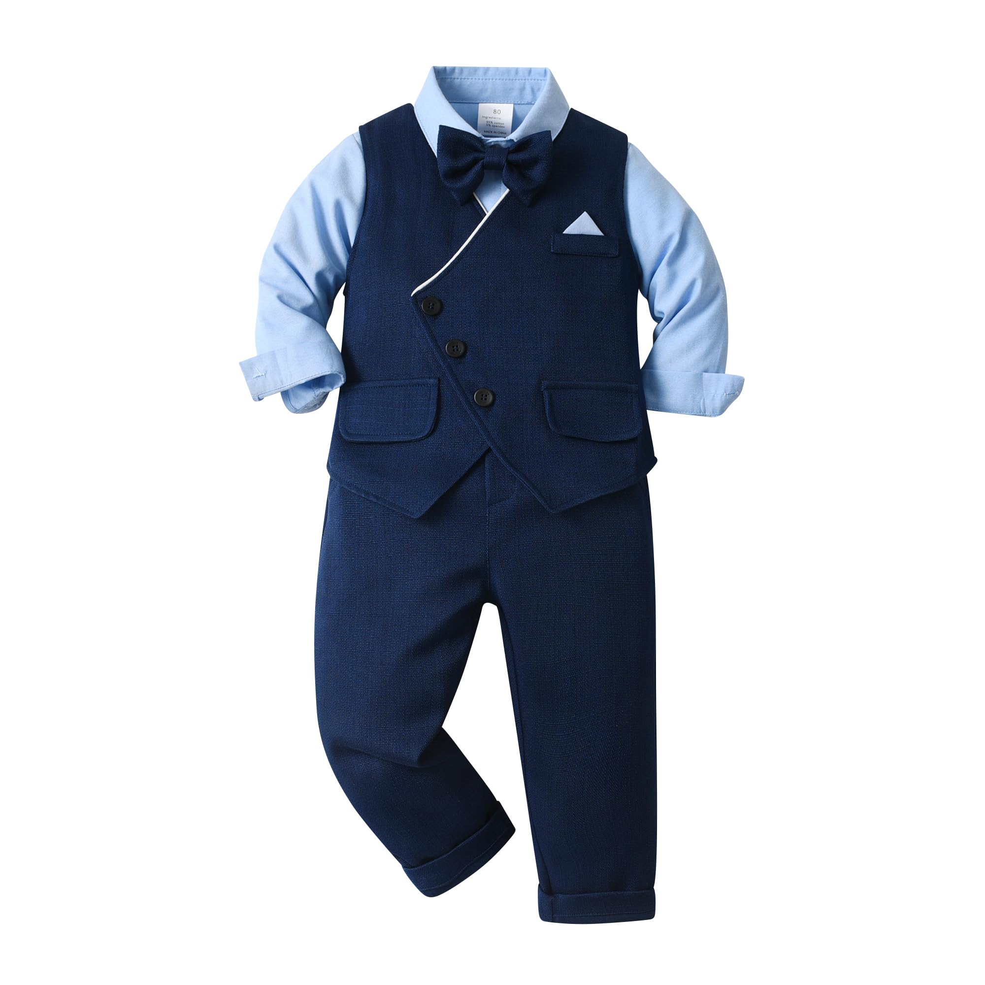 Volunboy Baby Boys Gentleman Suit, Toddler Formal Waistcoat Outfit Wedding Shirts + Vest +Bow Tie 4 PCS Set
