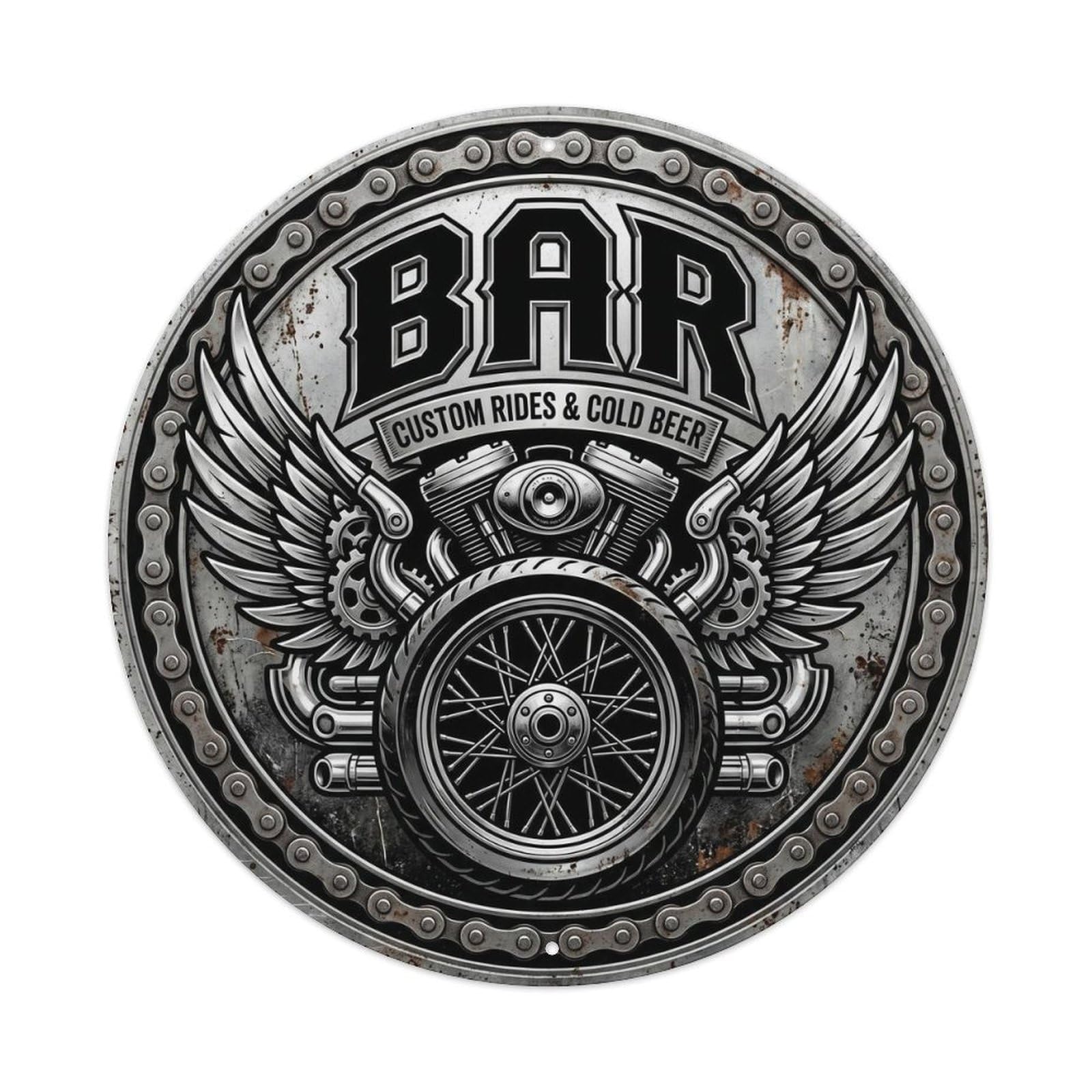 BAR Motorcycle Club Shield Metal Tin Sign Plaque Wall Decor for Cafe, Club Bar, Office, Home Garden Round Metal Poster 8x8Inch
