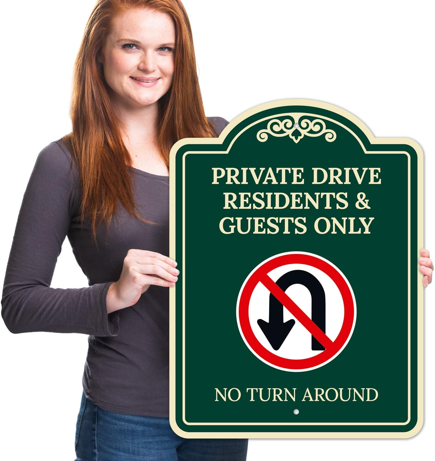 Private Drive Residents and Guests Only No Turn Around Décor Sign, Green Dark, 18x24 Inches, ACM, Fade Resistant, Made in USA