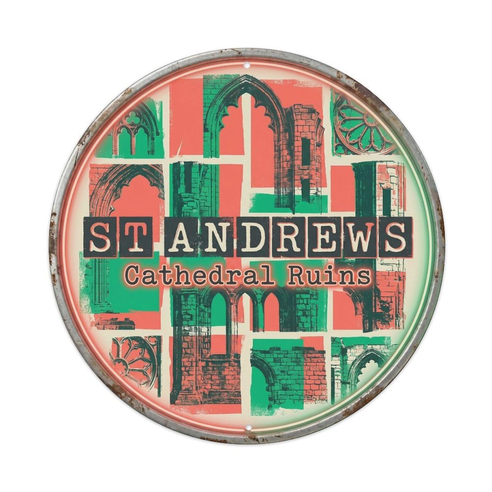 Cmhok Vintage Style-17 Vintage Travel Andrews Cathedral Scotland Artwork Metal Tin Sign Plaque Wall Decor For Cafe, Club, Garden Round Metal Poster 8X8inch