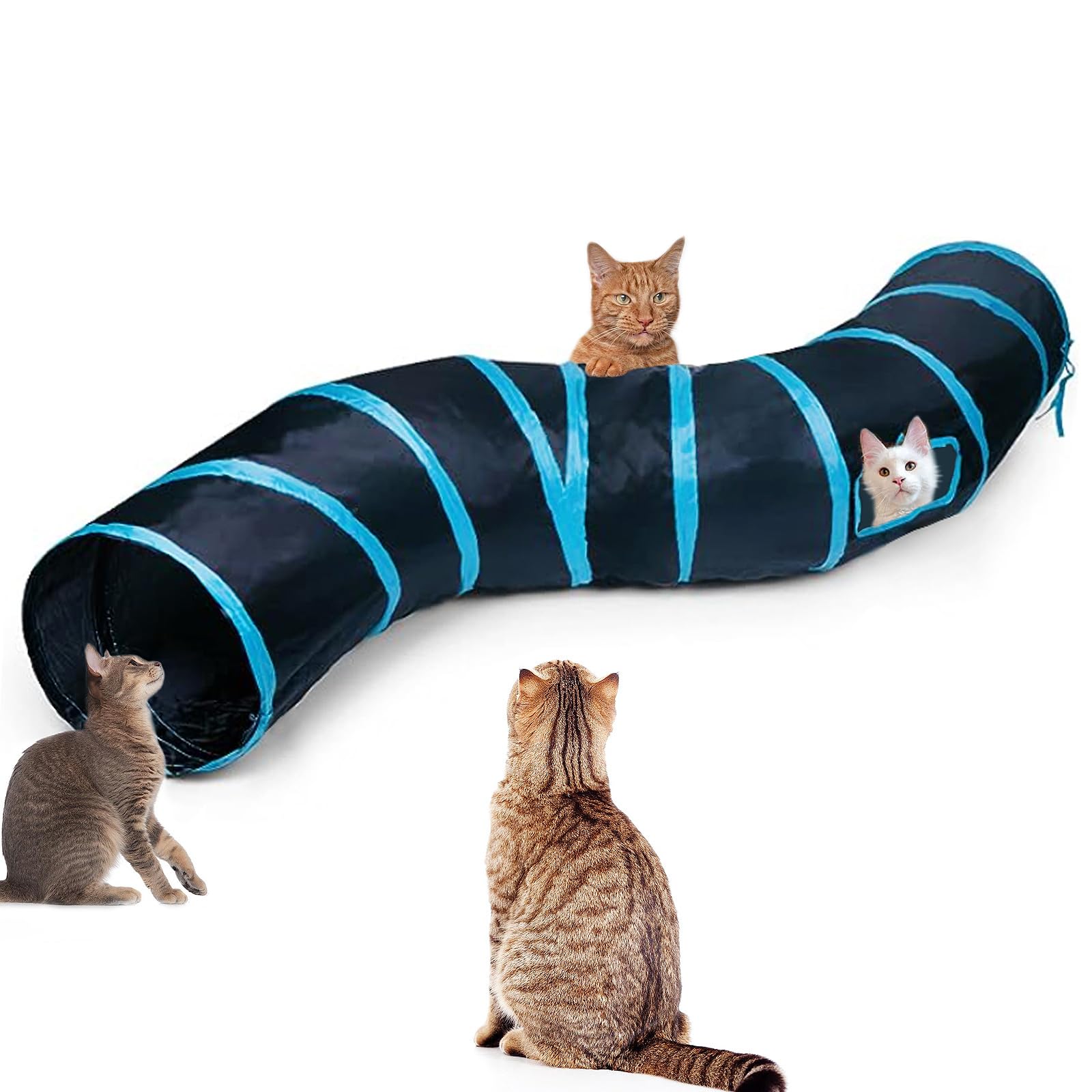 Deofun Cat Tunnel Tube Toys，Tunnels for Indoor Cats, S-Shape Blue Collapsible Interactive Toy with Balls for Rabbits, Kittens, Ferrets, Puppy