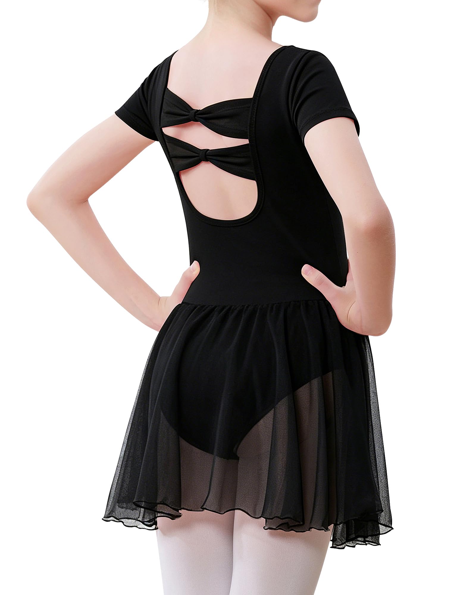 Kinder Ballettkleidung Mädchen Kurzarm Ballett Trikot,Balletttrikot Tanzkleid aus Baumwolle für Kinder mit Chiffonrock,Größen 100–150