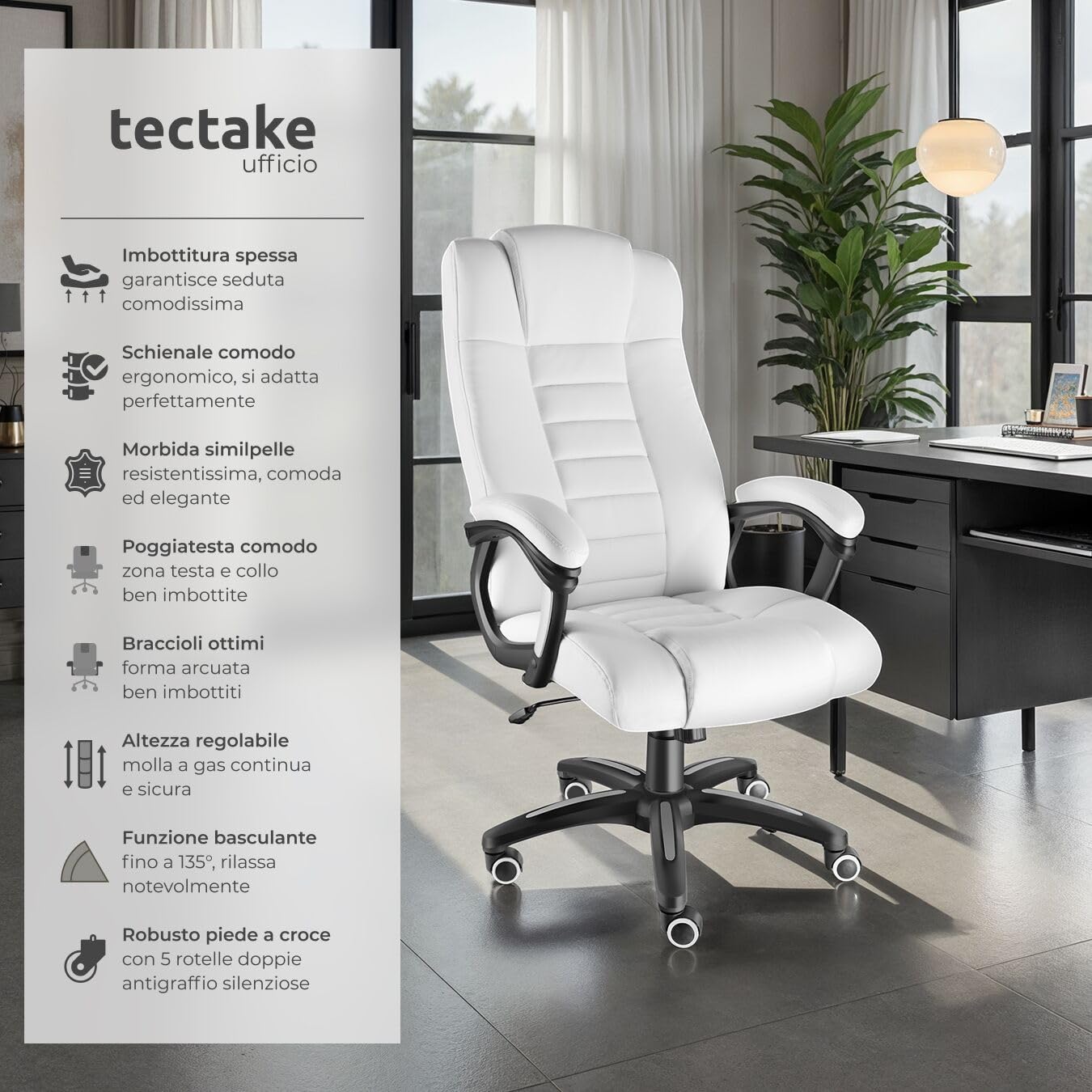 tectake® Sedia Ufficio, Imbottitura 12 cm, Sedia scrivania con Poggiatesta e Braccioli, Base con Rotelle, Sedia ergonomica con altezza regolabile, Inclinazione Continua, Poltrona Ufficio - Bianco