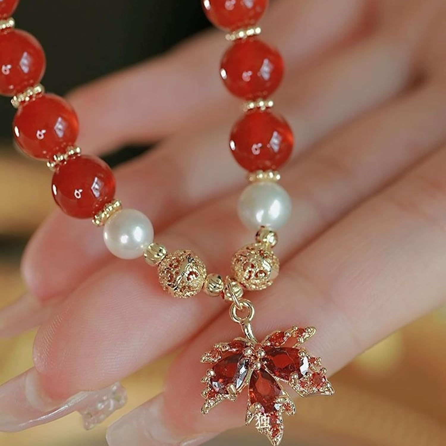 Vintage Leaf Bracelet for Women Maple Leaf Fall Bracelet Natural Red Jade Stretch Bracelet Gold Stretch Bracelet OT Clasp Bracelet Jewelry for Women - Image 4