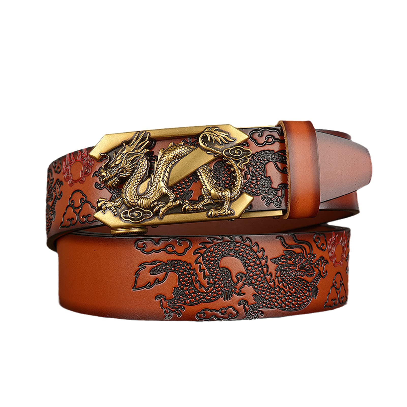 Cinturón De Diseño Con Trinquete Y Grabado Dragón For Hombre - Piel Auténtica, Hebilla Automática Dorada 3D, Deslizante Extraíble, 35 Mm Ancho, For Vestir Informal