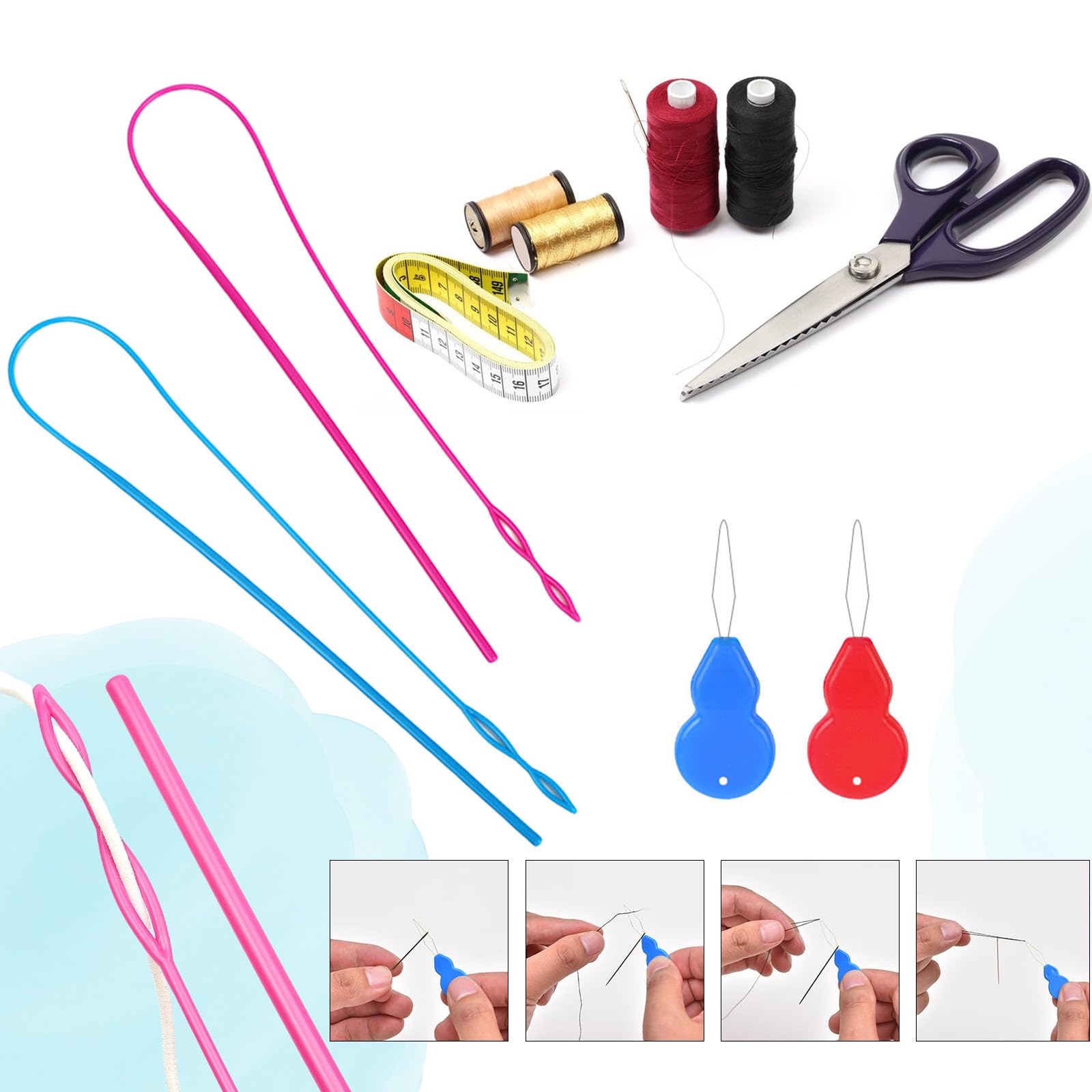 9 PCS Needle Threader Set For Sewing - Includes Gourd Threaders, Loop Turner, Flexible Drawstring Threaders, Tweezers