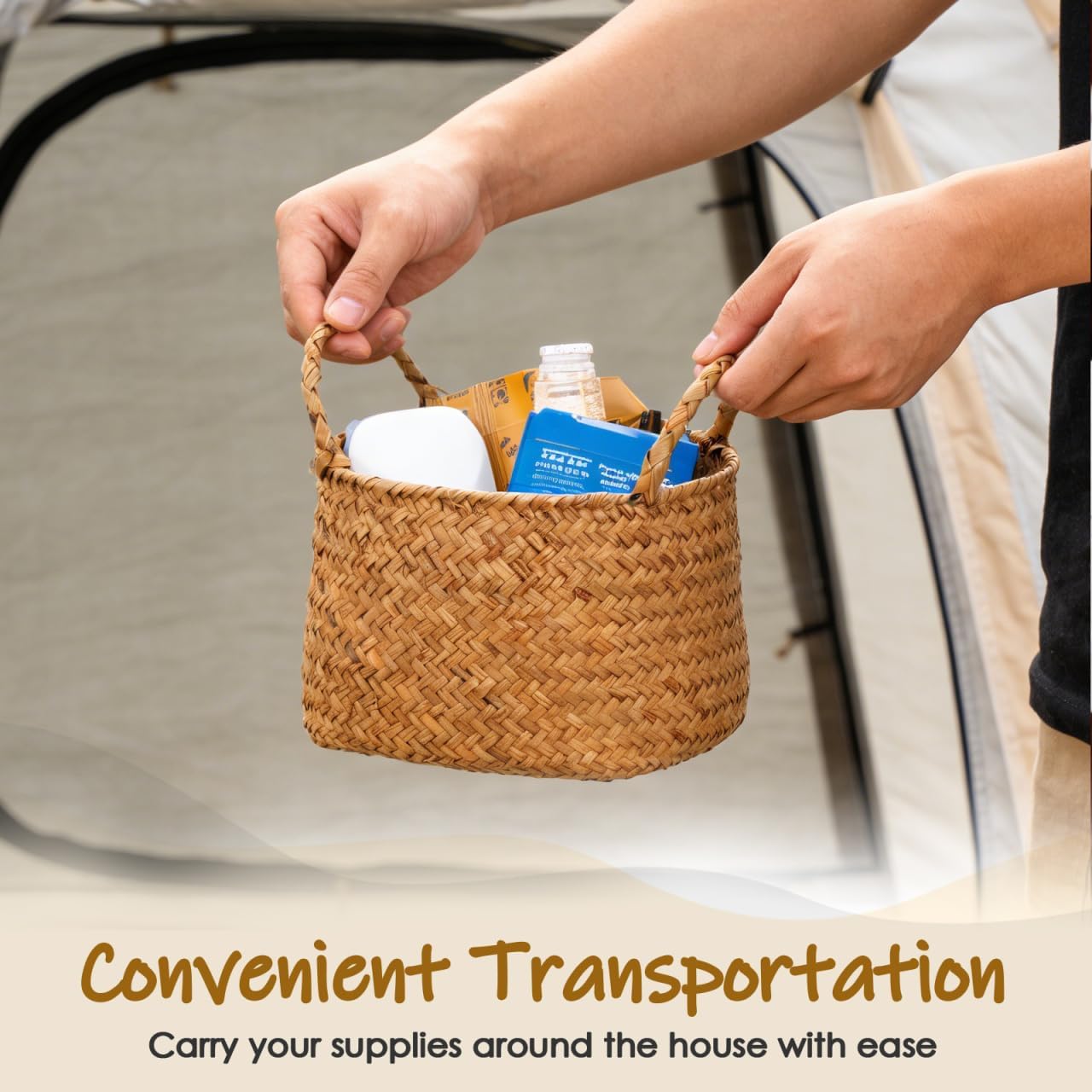 DOITOOL Japanese Style Woven Storage Basket with Handles 7.67X6.49X6.29In Multifunctional Organizer for Makeup Cosmetics Desktop Flowers and Sundries