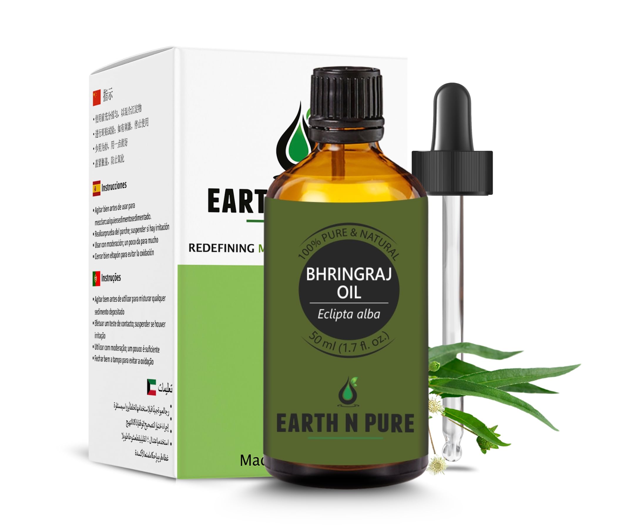 Earth N Pure Bhringraj Oil Natural & Therapeutic Grade for Hair Growth with Glass Dropper – 50 ml