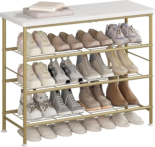 Miniatura 7 de SUOERNUO Zapatero organizador de 6 niveles para armario, entrada, estante de almacenamiento de metal con tablero superior de MDF, dorado