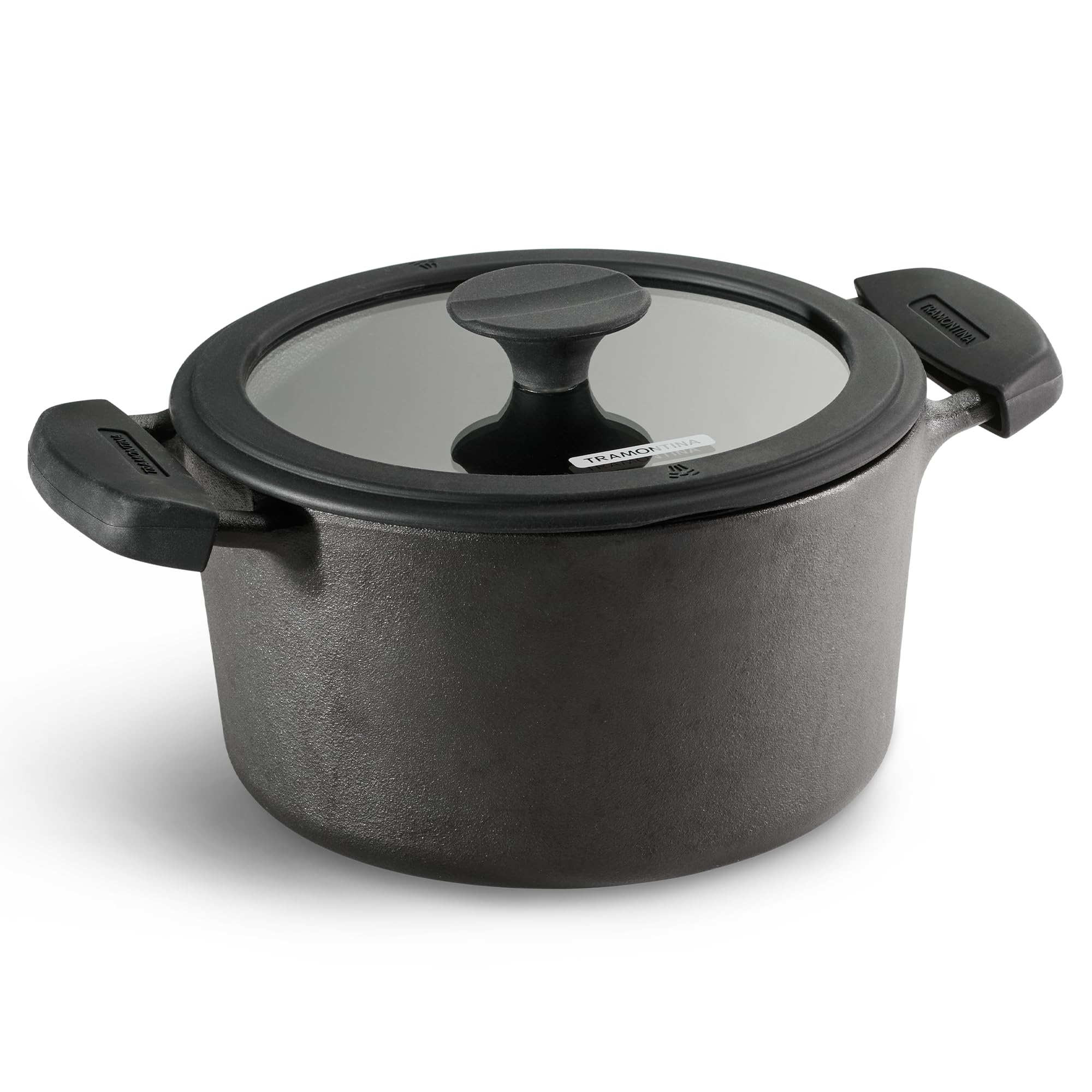 Tramontina TITANEX 20cm / 3.1L Pre-Seasoned Heritage Cast Iron Casserole with Toughened Glass Lid | Gas/Induction Compatible Biryani Pot | Stock Pot with Snap-On Silicone Grips | Life-Time Warranty