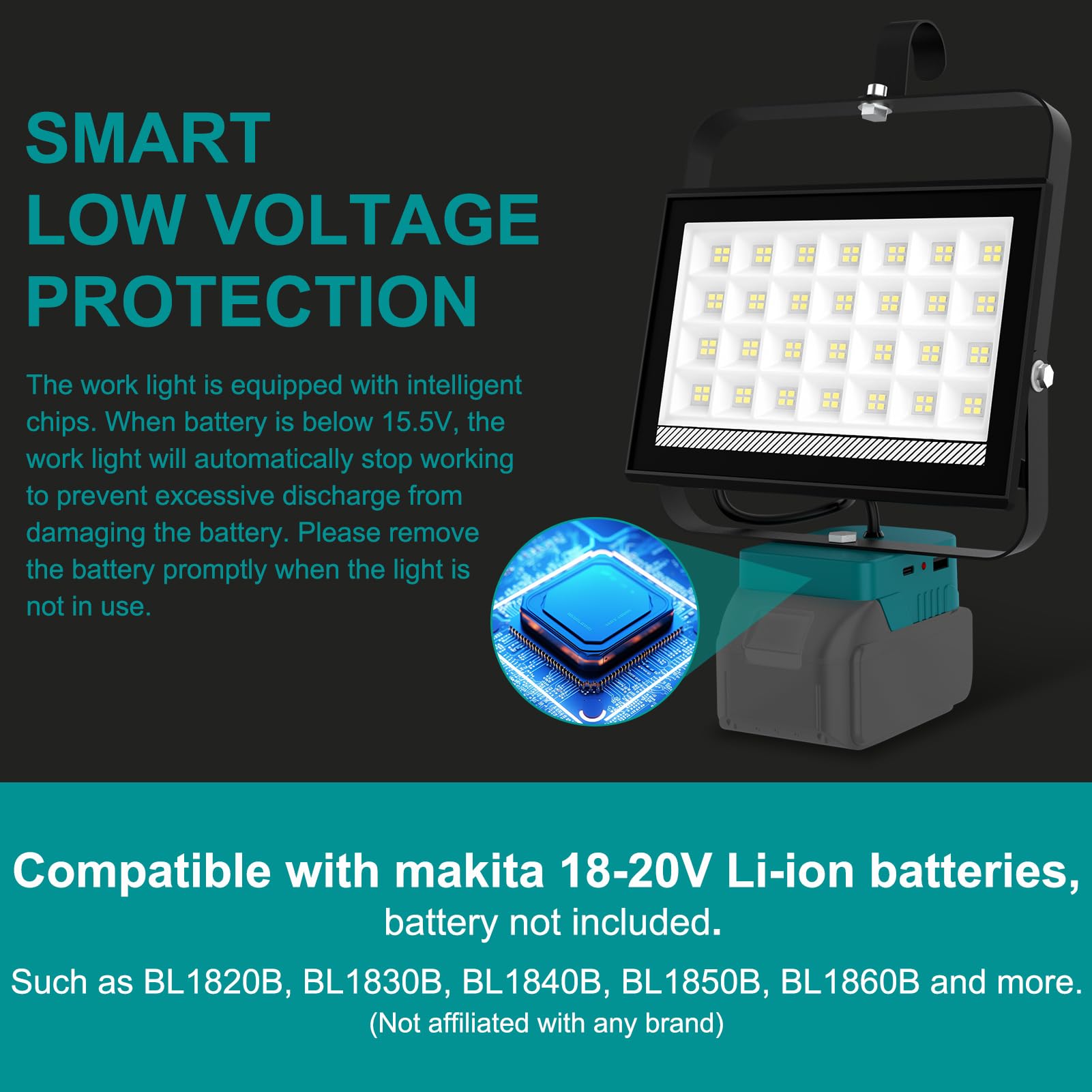 NATPOW Akku Lampe Kompatibel mit Makita 18V (Kein Akku), 2 Stück 6500LM Akku Strahler, 2 Modi Baustrahle Ultra Helle, Tragbarer Strahler mit Typ C und USB-Aufladung für Baustellen Autoreparaturen
