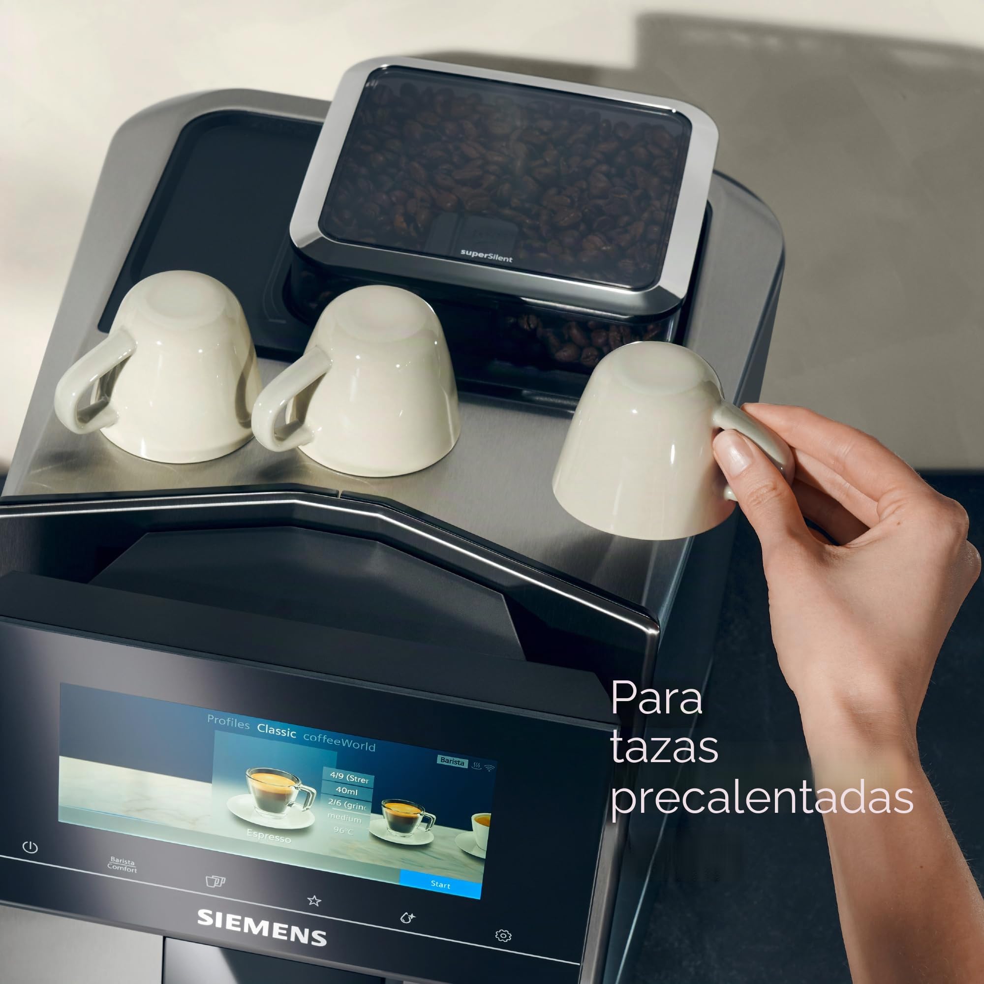 Siemens Cafetera automática EQ900 Plus TQ903DZ3, 36 especialidades de café internacionales, grado de molienda individual, control de aplicación, gran pantalla táctil completa, acero inoxidable