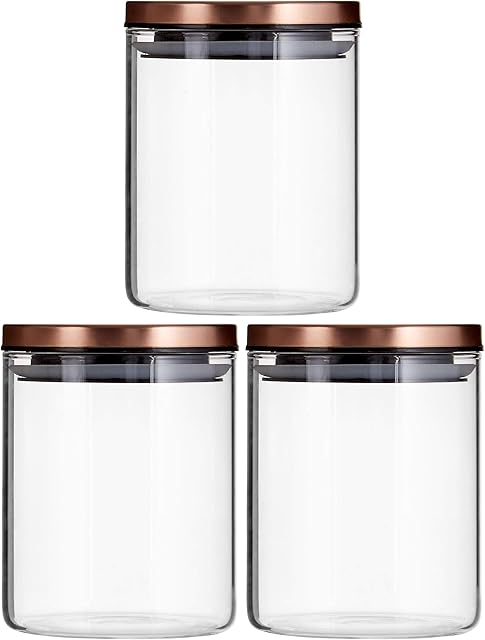 Set of 3 x 700ml Glass Storage Jars with Push on Copper/Rose Gold Coloured Lids