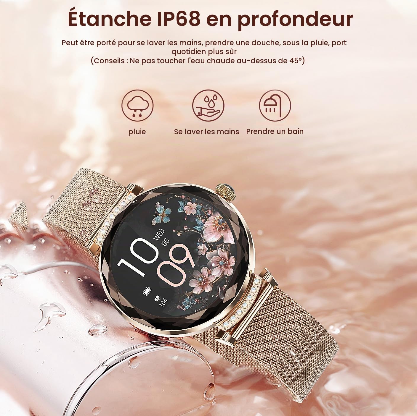 Montres Connectées Femme avec Tension Artérielle/Réponse aux Appels/Rythme Cardiaque/Pas/Sommeil/Multisports/Étanche IP68, Tracker Fitness 1,19" pour iOS Android (Argent avec Diamants)