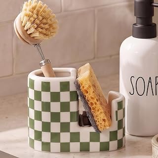 Ceramic Checkered Sponge Holder, 2 in 1 Sponge & Brush Organizer | Two Separate Compartments, Kitchen or Bathroom Countertop Use, Compact Space-Saving Design, Dishwasher Safe, Green and White