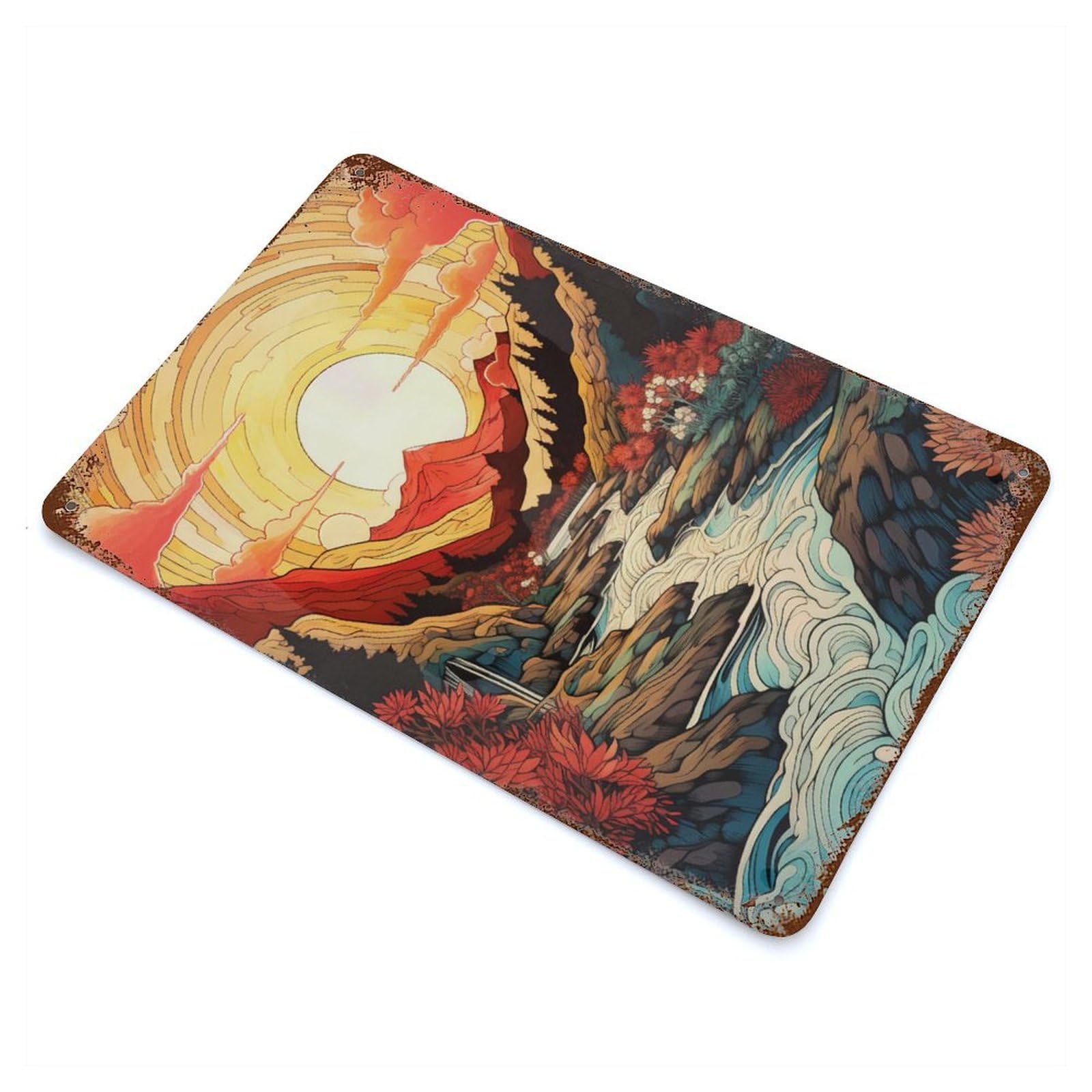 Mountain River at Sunset Illustration 11.8"x7.9" Retro Metal Sign, Vintage Wall Decor for Garage, Bar And Workshop Decor