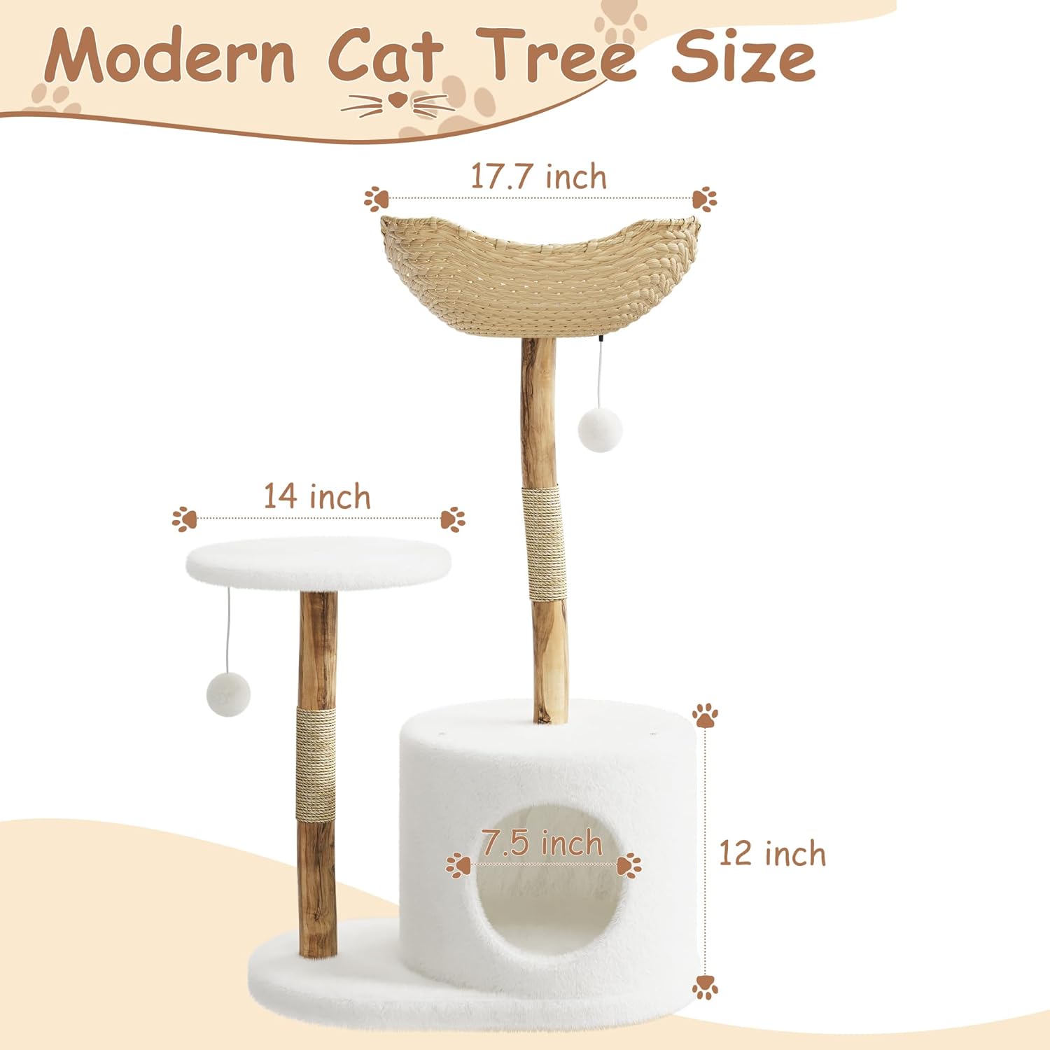 Real Wood Modern Cat Tree Tower, Cat Scratching Post with Bed for Indoor Cats with Natural Wicker Condo, Aesthetic Tree Stand, Boho Luxury Pet Furniture one Platform