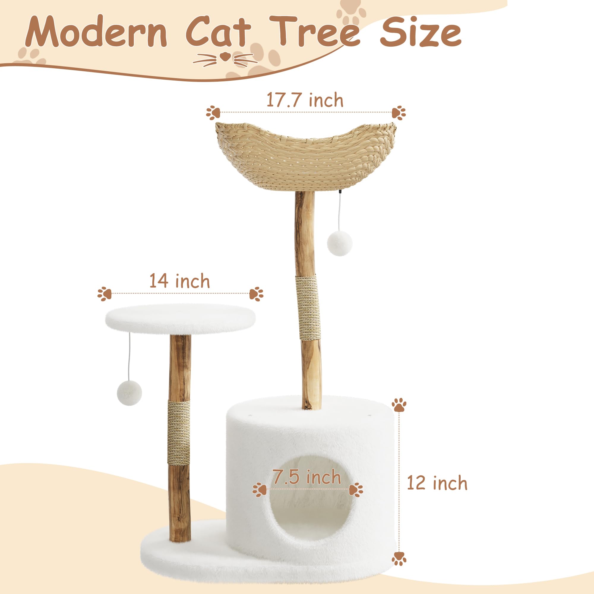 Arbre à Chat en Bois Massif 117cm avec Paniers en Osier Spacieux, Griffoir Poteau Sisal Plateformes de Saut et Boule Pompon pour Plusieurs Chats Intérieur Salon Appartement