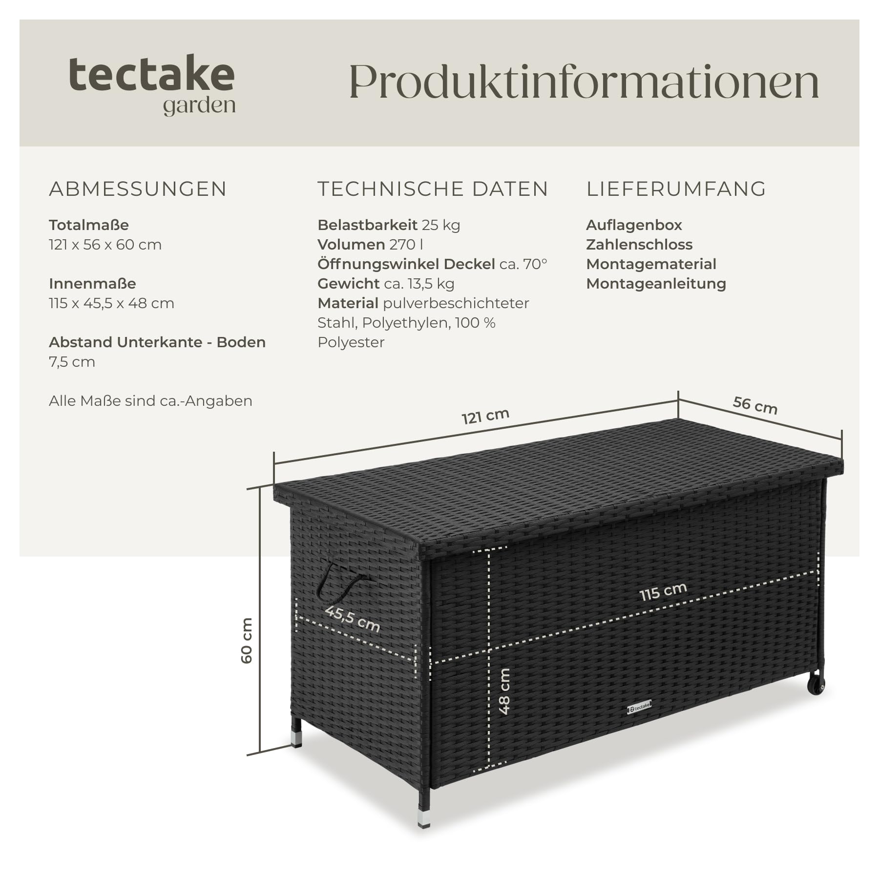 tectake® Poly Rattan Auflagenbox wetterfest, abschließbare Box mit Deckel, outdoor Aufbewahrungskiste mit Innentasche, Kissenbox 270L, rollbar, für Garten, Terrasse, Balkonmöbel - schwarz