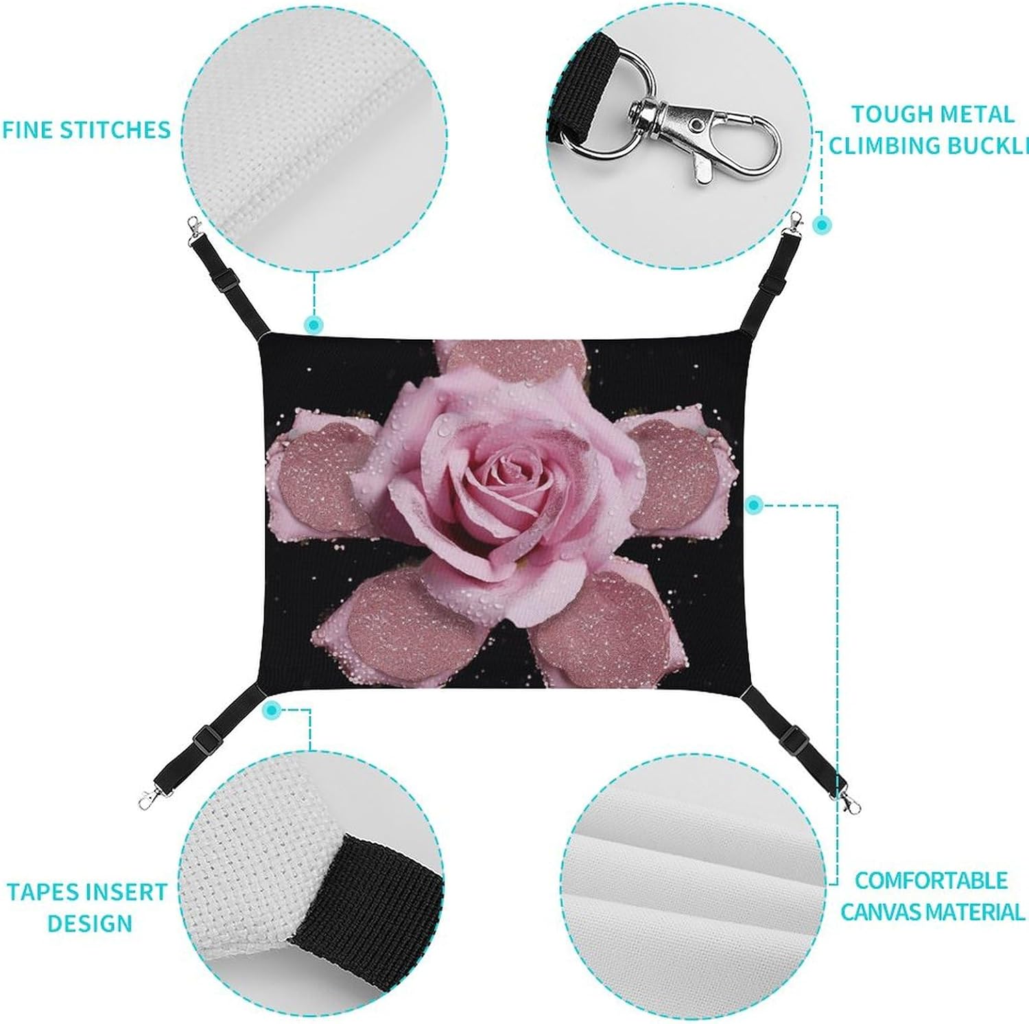 review Hanging Pet Hammock, Glitter Pink Rose Printed Soft Breathable Pet Hammock with Adjustable Straps and Metal Hooks for Cats Small Dogs Rabbits Sugar Gliders
