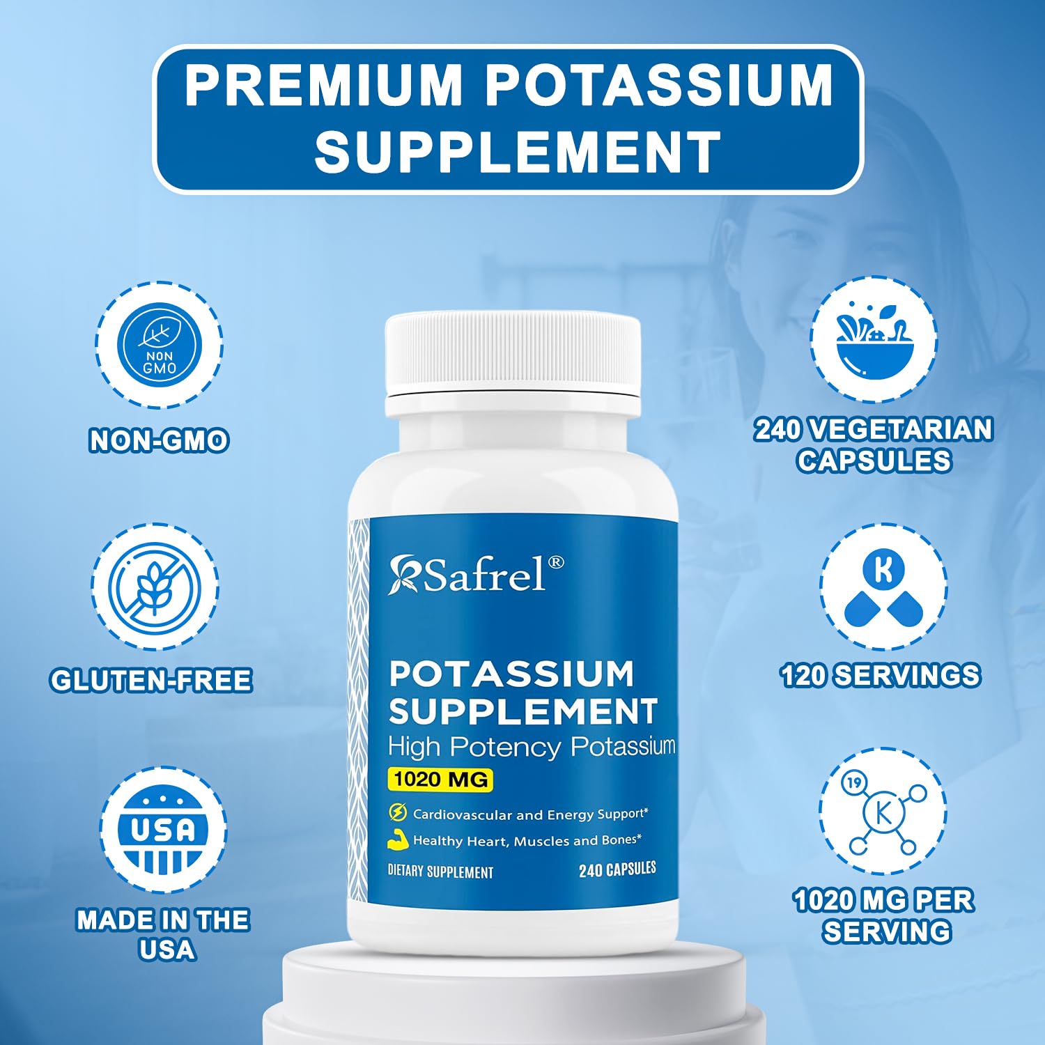 Safrel Potassium Supplement, 1020 mg, 240 Servings, Vegeterian Capsules, Non-GMO, Gluten Free, Made in USA — Amazon image 2