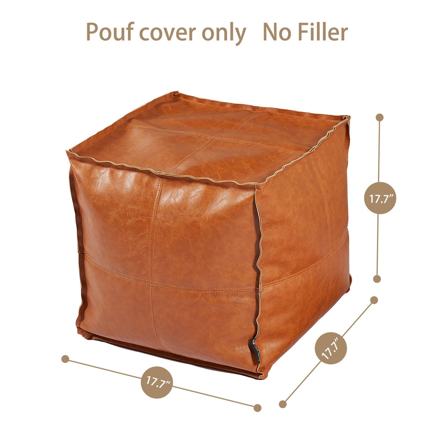 Pouf Ottoman, Unstuffed Pouf Cover, Handmade Faux PU Leather Moroccan, Orange Brown 17.7