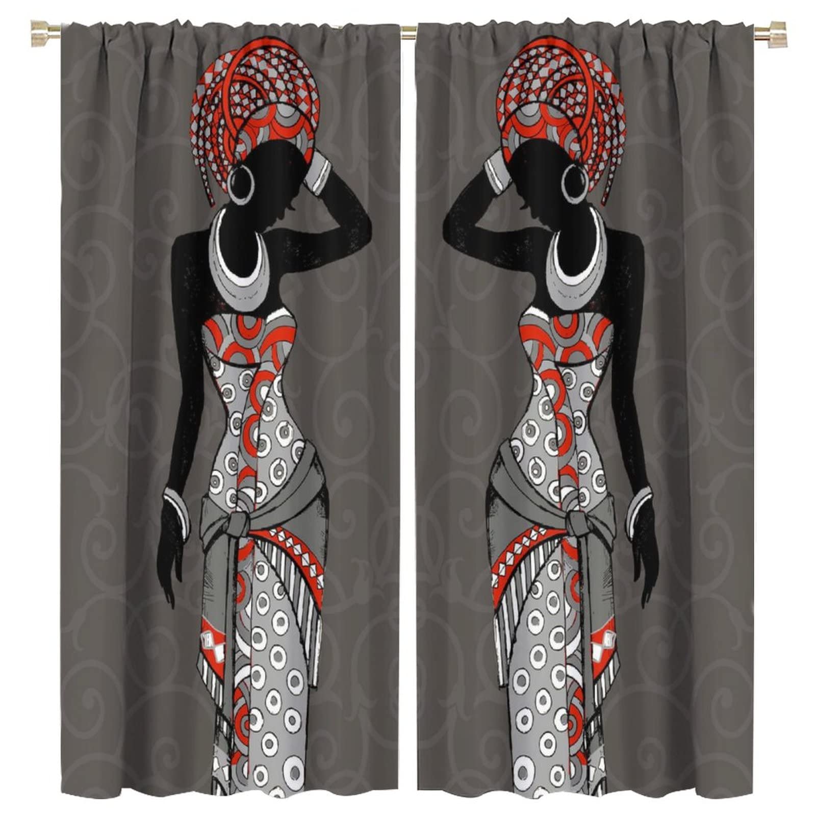 JESTRONRY Black Girl Window Curtains,African Woman Hand Drawn Tribal Ethnic Theme Room Darkening Door Window Rod Pocket Curtain for Living Room Bedroom Kitchen Bathroom Decor W63xL72in