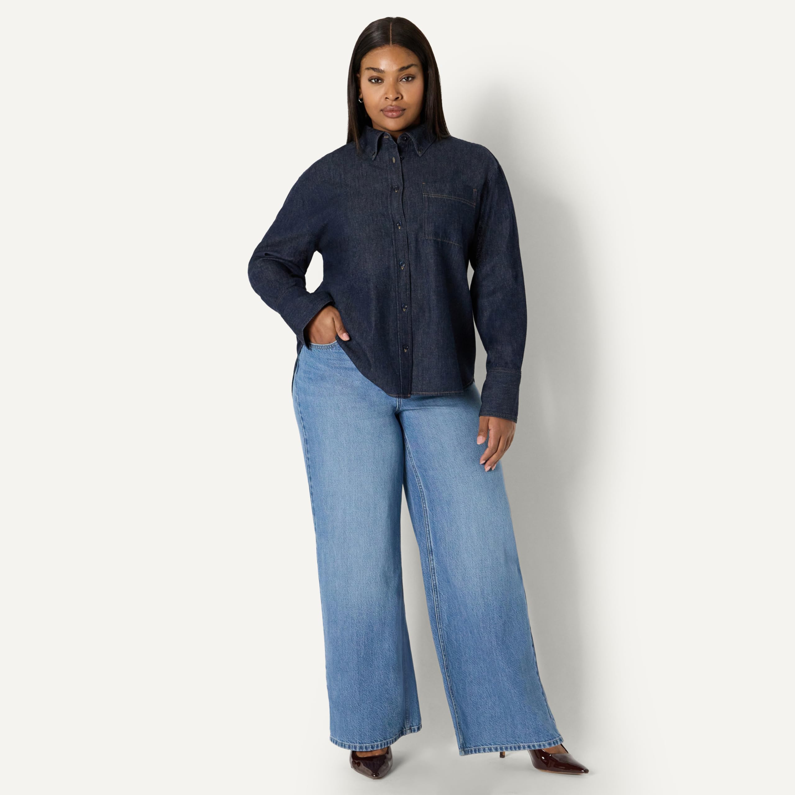 Amazon Essentials Chemise Boutonnée en Denim, Coupe Surdimensionnée Femme