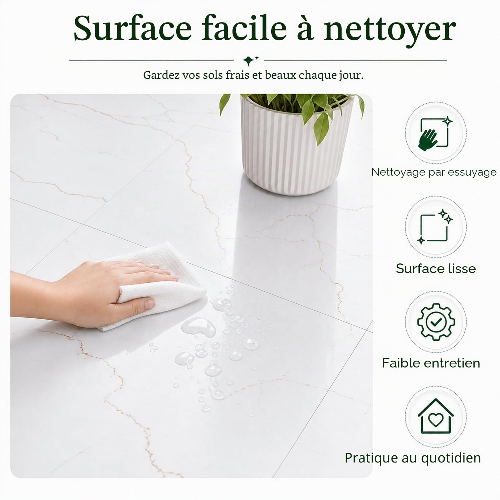 STARVAST Lot de 40 revêtements de sol en PVC - 30 x 30 cm - Blanc - Film de sol autocollant - Pour salon, salle de bain - 40 carreaux/3,6 m² - Marbre blanc
