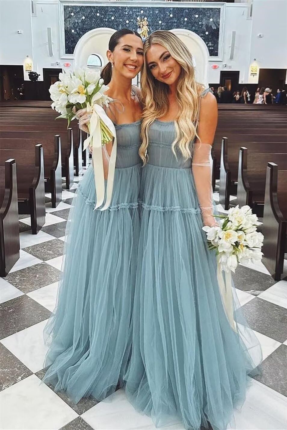 Zepumen Tulle Prom Dress Spaghetti Straps Bridesmaid Dresses Long A Line Foraml Evening Party Gown