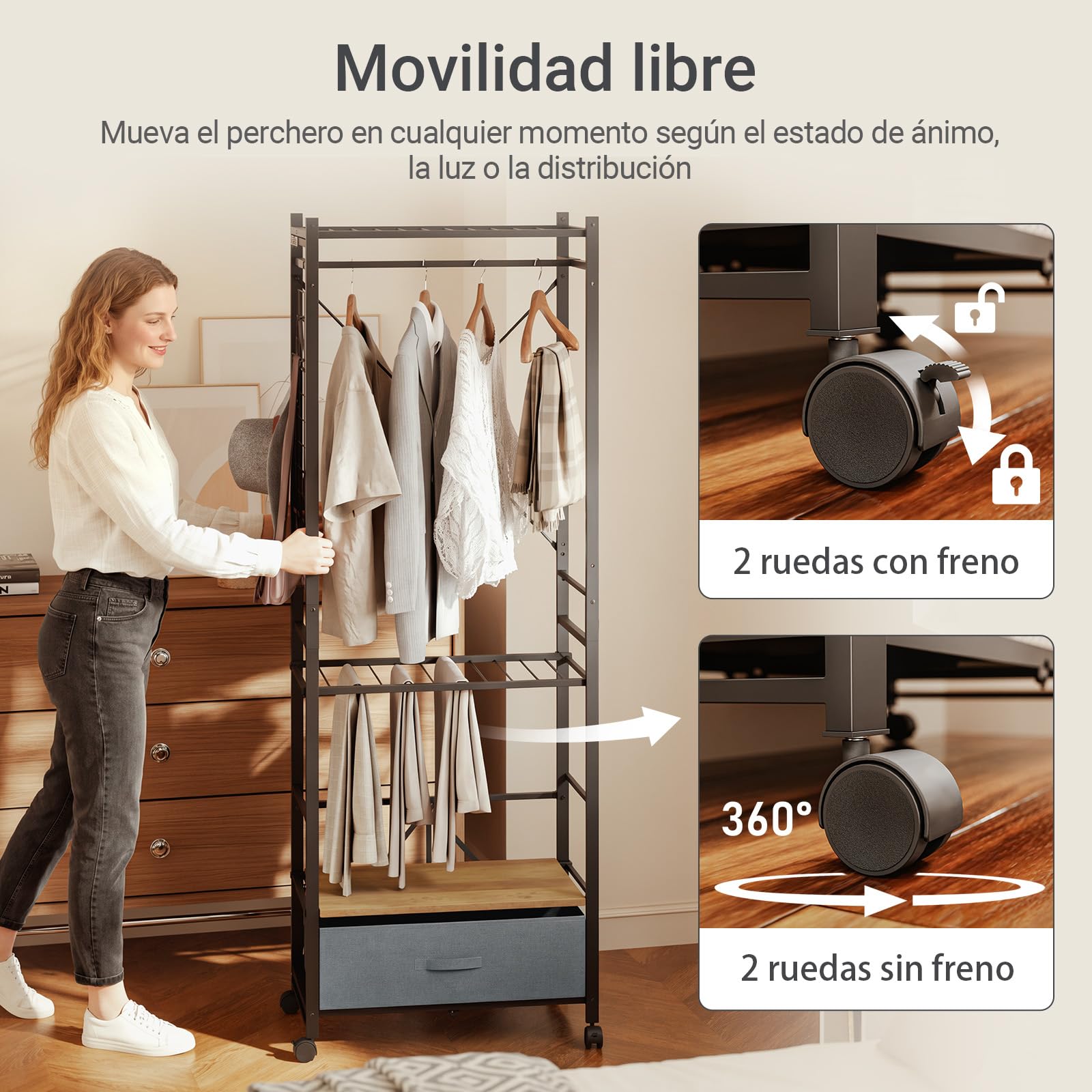 SoBuy Perchero plegable con ruedas & cajón de tela, 60,5x32,5x175 cm | Con portaequipajes & estantes de montaje flexible, para dormitorio pasillo, montaje sin herramientas, Negro, KLS23-SCH