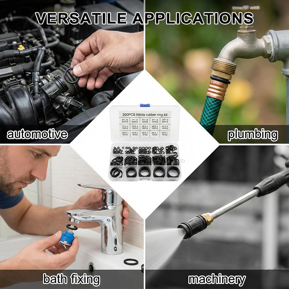 Set 200 Guarnizioni ad Anello in Gomma, Kit Riparazione Idraulica Universale per Perdite d'Acqua, Assortimento O-Ring Multidimensione per Rubinetto, Giardinaggio e Auto
