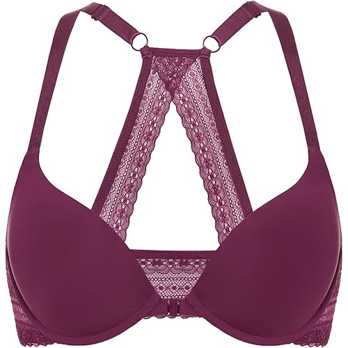 DOBREVA Women's Push Up Bra Racerback Front Closure Bras Plunge Underwire Tshirt Padded Lace