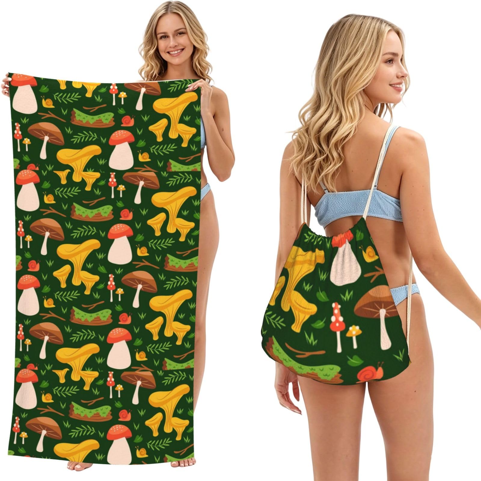 Poadnly As Picture Mushroom Pattern, 2 In 1 Packable Towel Bag, Beach Towels With Drawstring Backpack For Travel Holiday Camping