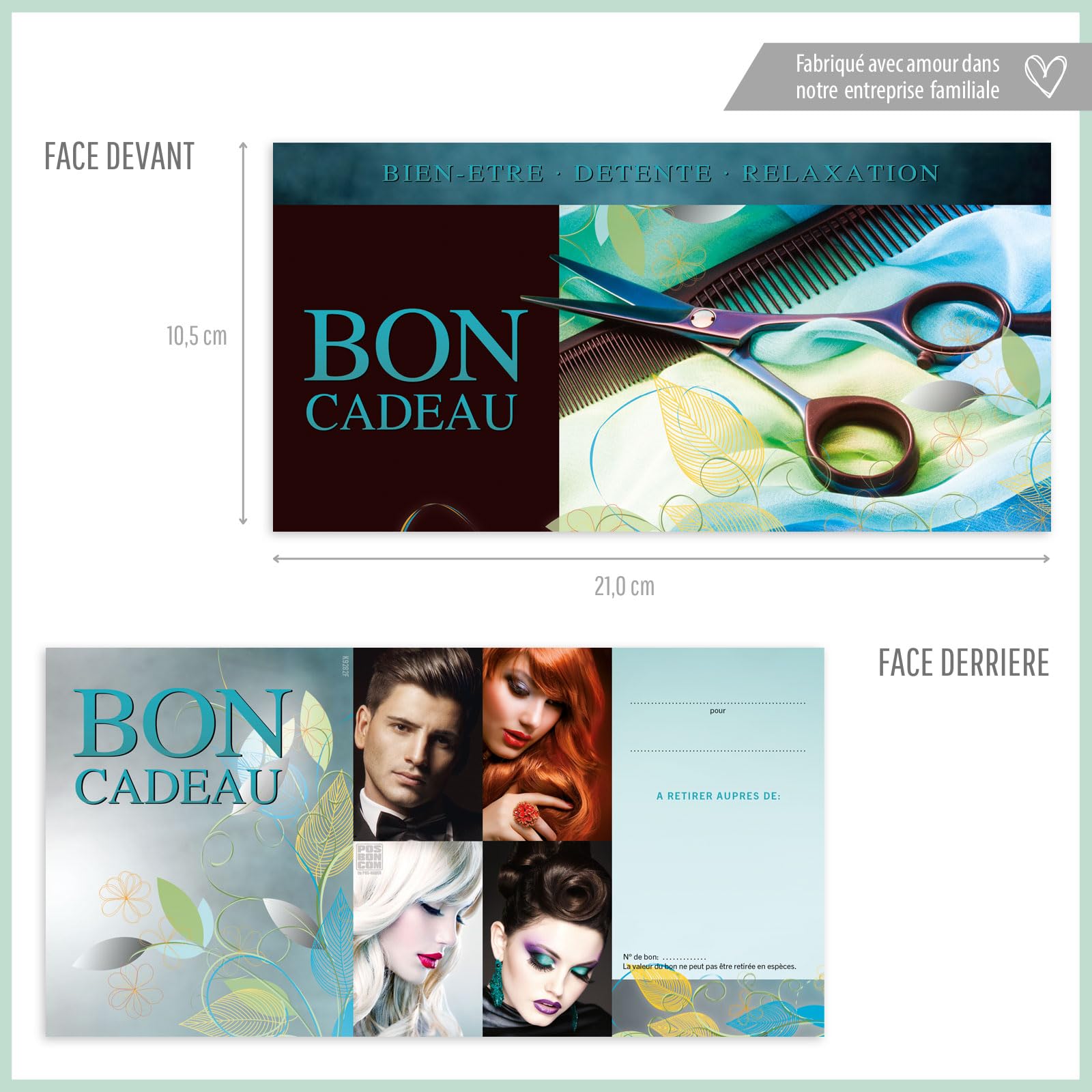 POS BON - 100 bons cadeaux à remplir avec enveloppe/nœud ruban - formulaires imprimés pour des salons de coiffure K9282F-2-100