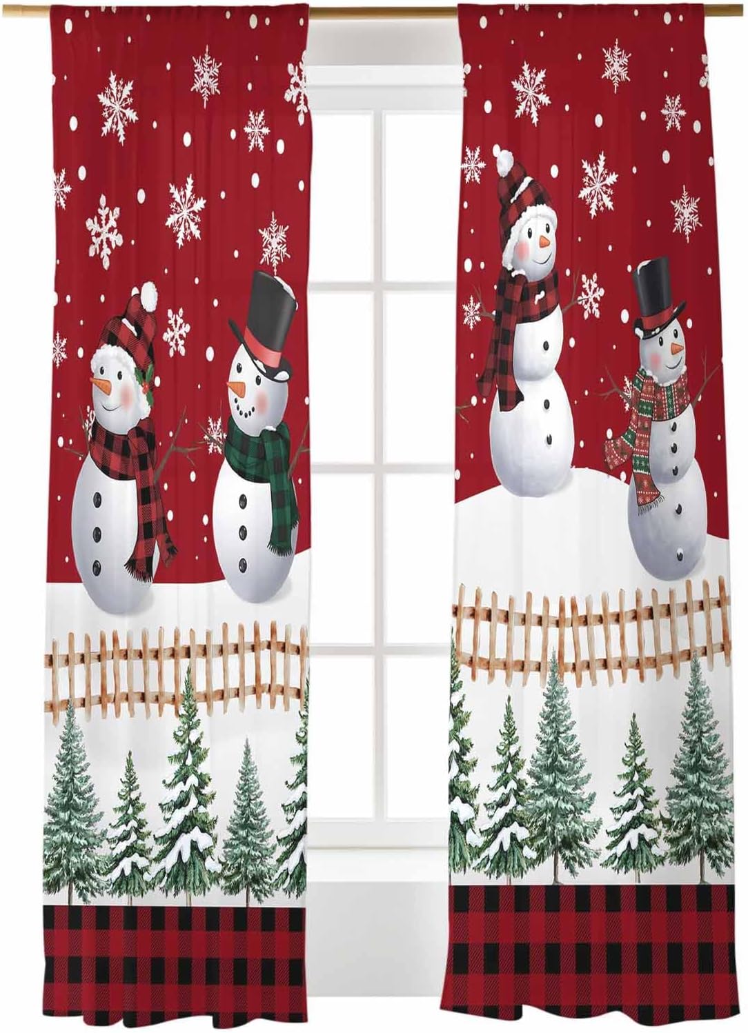 Christmas Red Sheer Curtains 63 Inch Length 2 Panels Set, Christmas Snowman Standing in Winter Buffalo Plaid Snowflake Semi Transparent Voile Rod Pocket Curtains for Living Dining Room Bedroom Drapes