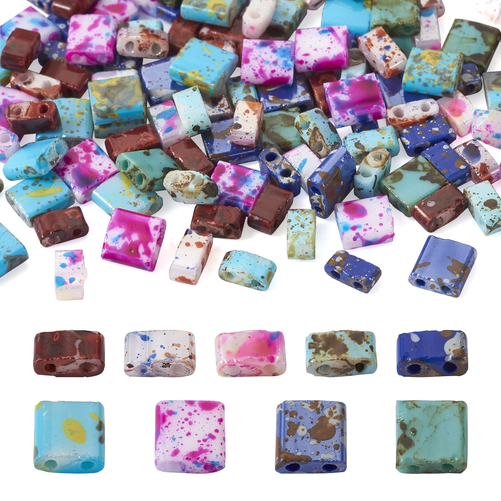 Craftdady 180pcs 2-Hole Glass Seed Beads: Multicolor, Rectangular & Square, 9 Colors, Antique Style, 2 Styles, Wide