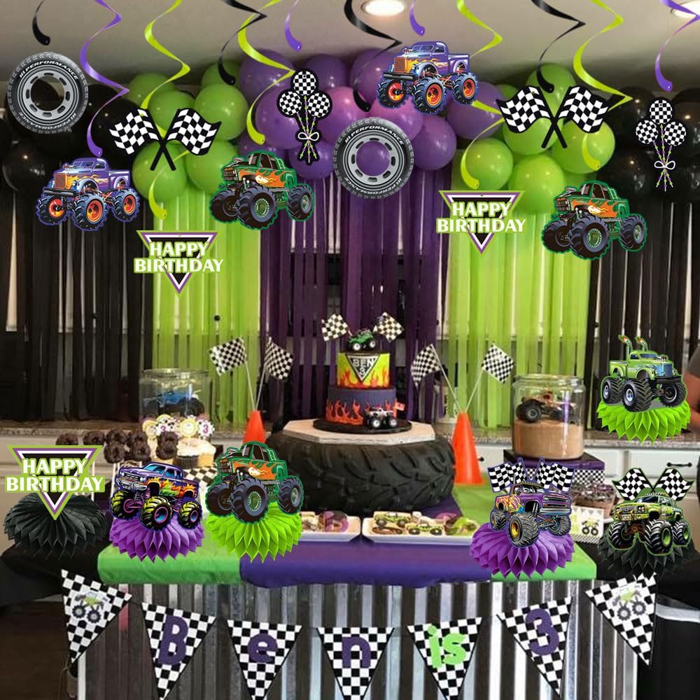 Monster Truck Honeycomb Centerpiece Decor, Truck Birthday Table Decoration, Green and Purple Racing Car Table Supplies for Monster Truck Birthday, Wheel Tire Party (9PCS)